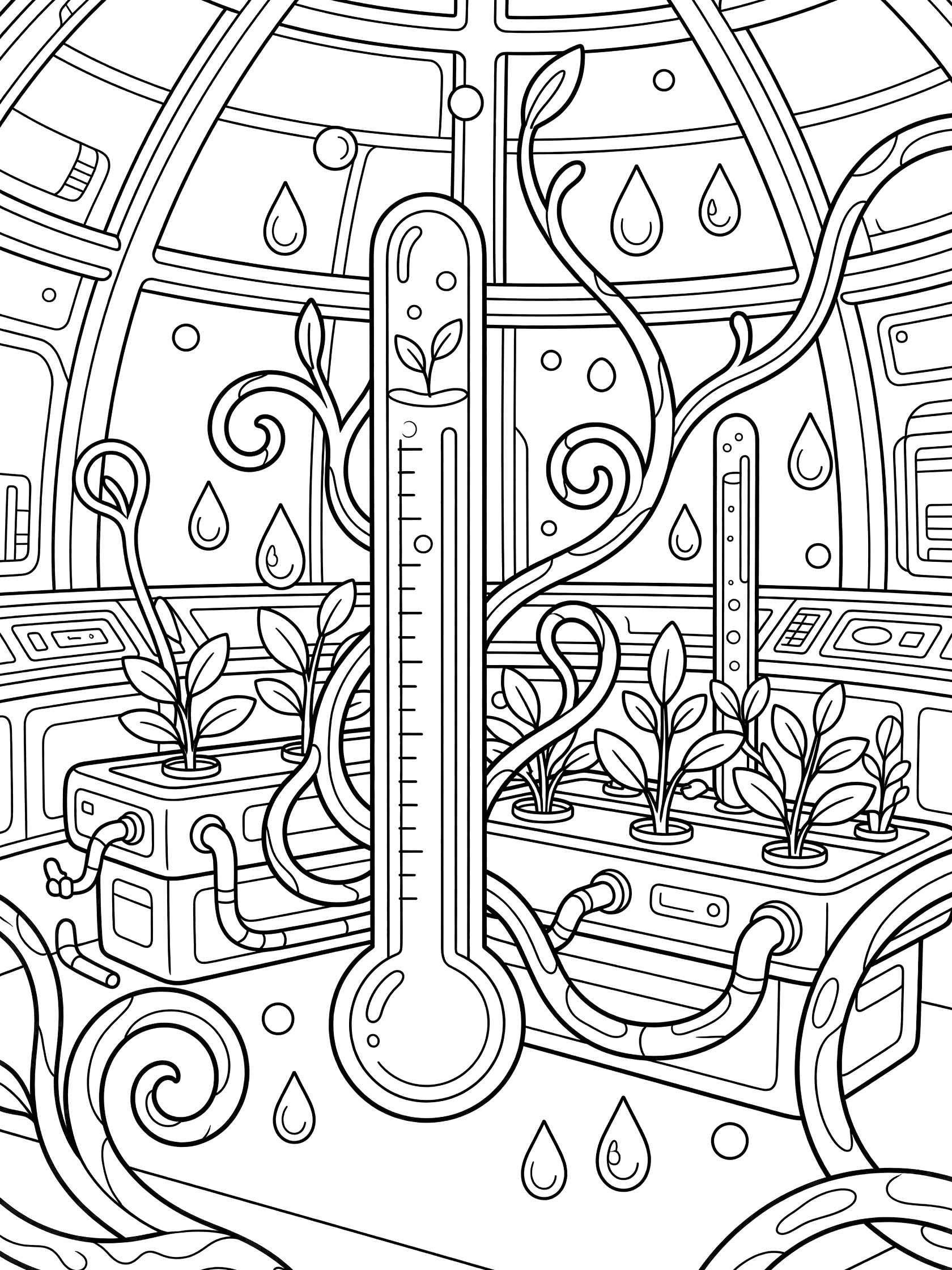 Line art coloring page showing a thermometer in a tube of hydroponic nutrient fluid with growing plants, swirly vines, and floating droplets in a sci-fi lab greenhouse.
