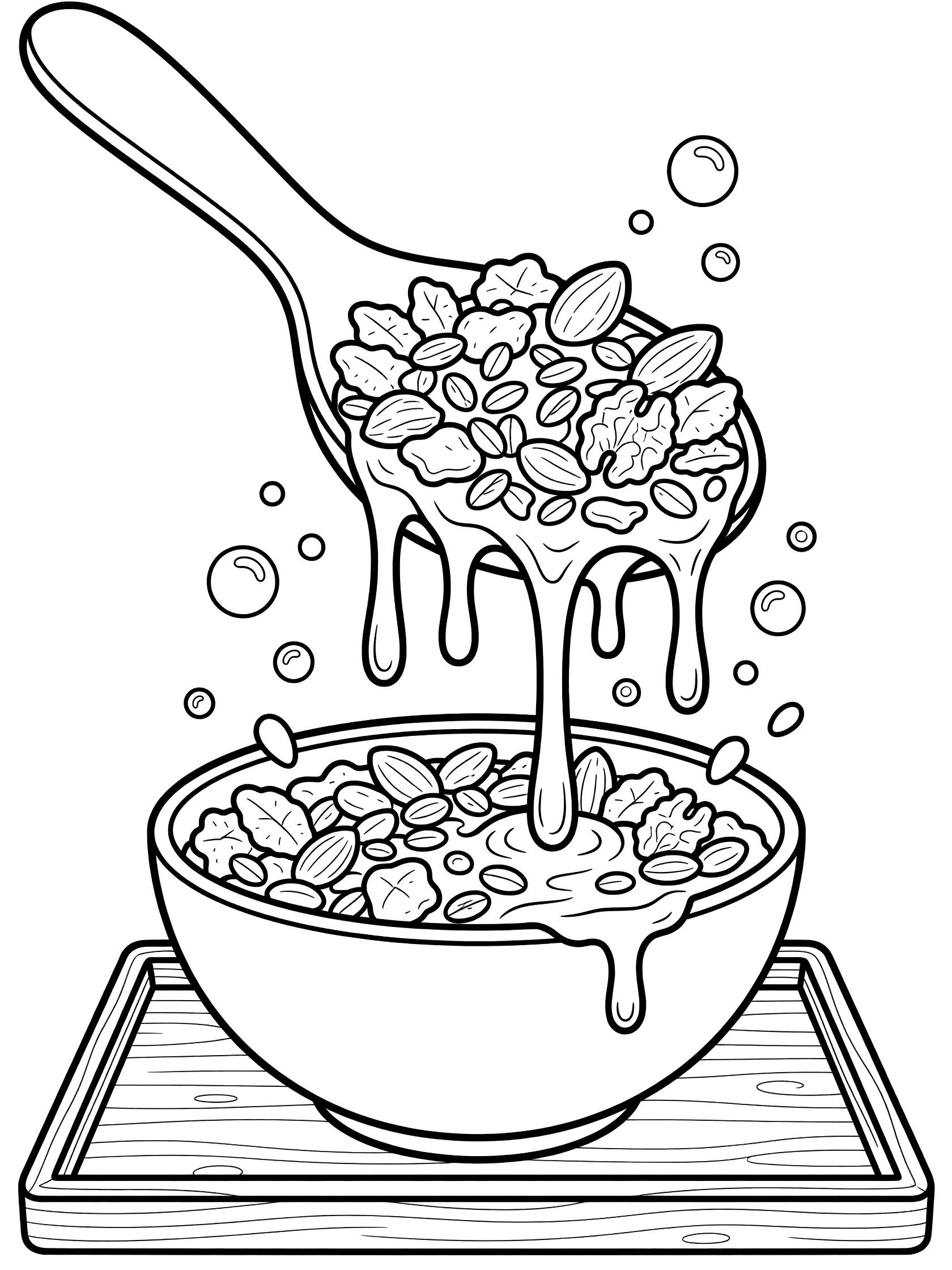 Line art coloring page showing oversized spoon lifting scoop of mixed cereal flakes oats and nuts dripping milk back into bowl on wooden tray