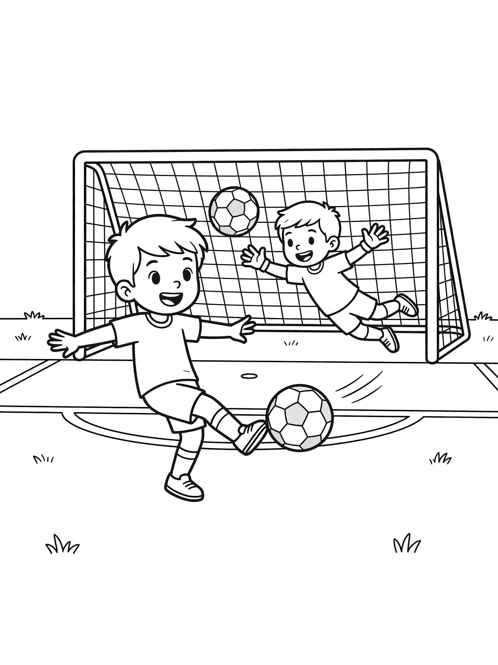 Cute cartoon coloring page showing a striker scoring goal, kicking soccer ball past diving goalie into goalposts on sunny field