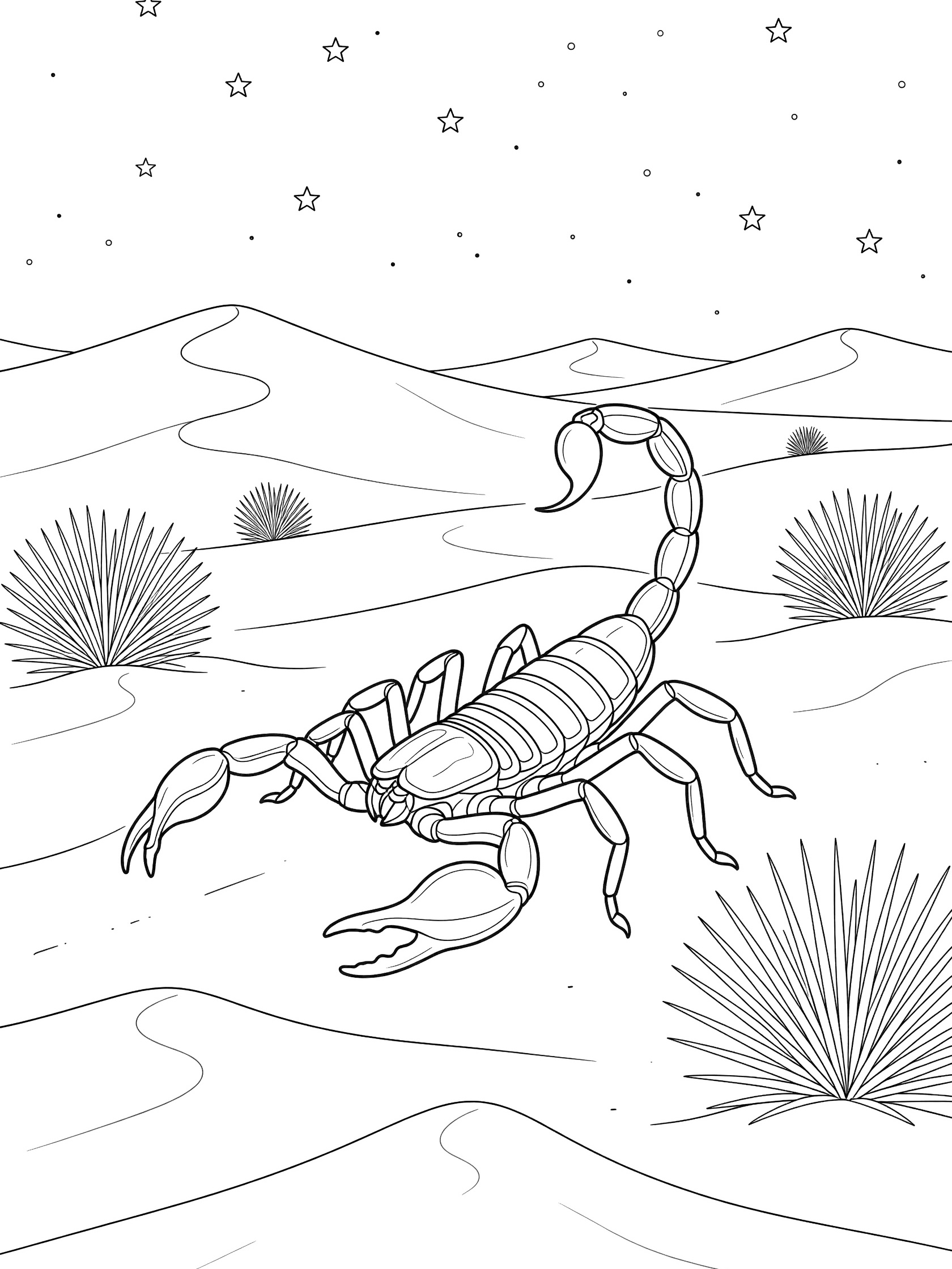 Black and white coloring page of a scorpion crawling on moonlit desert sands at night with stars, dunes, and yucca plants in Death Valley style.