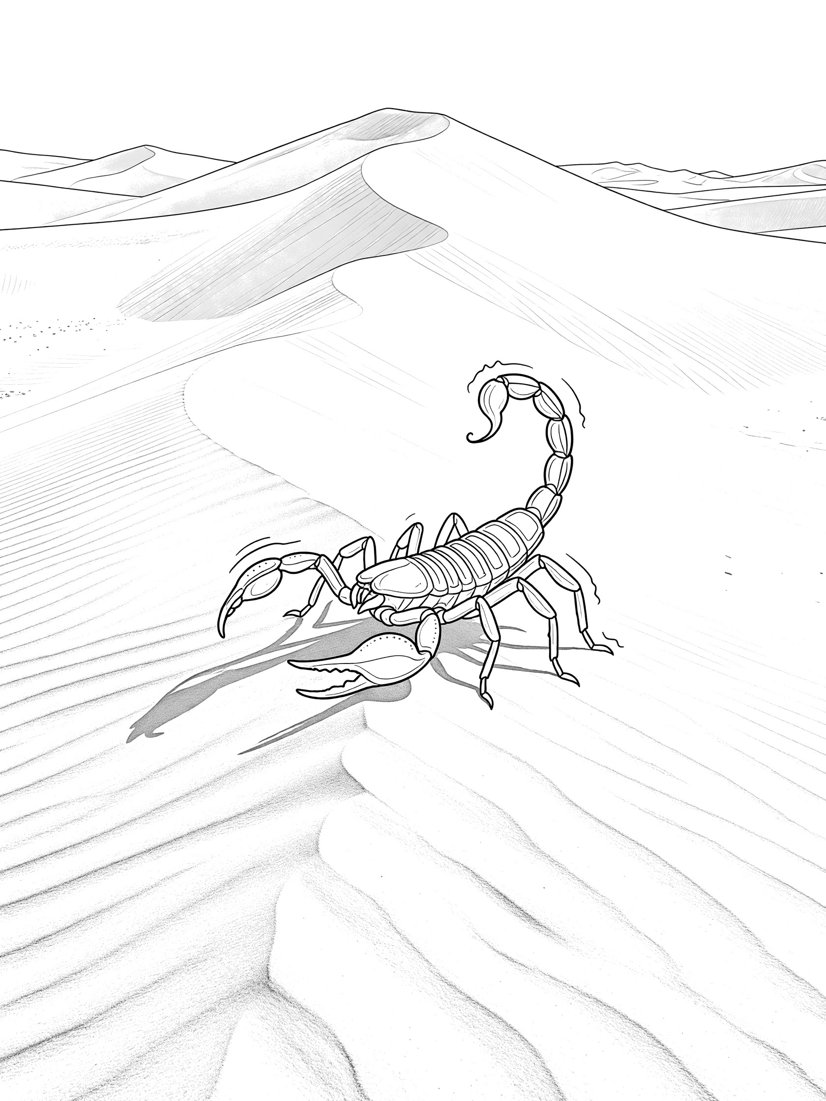 Black and white line art of a detailed scorpion crawling sideways on rippled sand dunes with a towering dune edge in the background