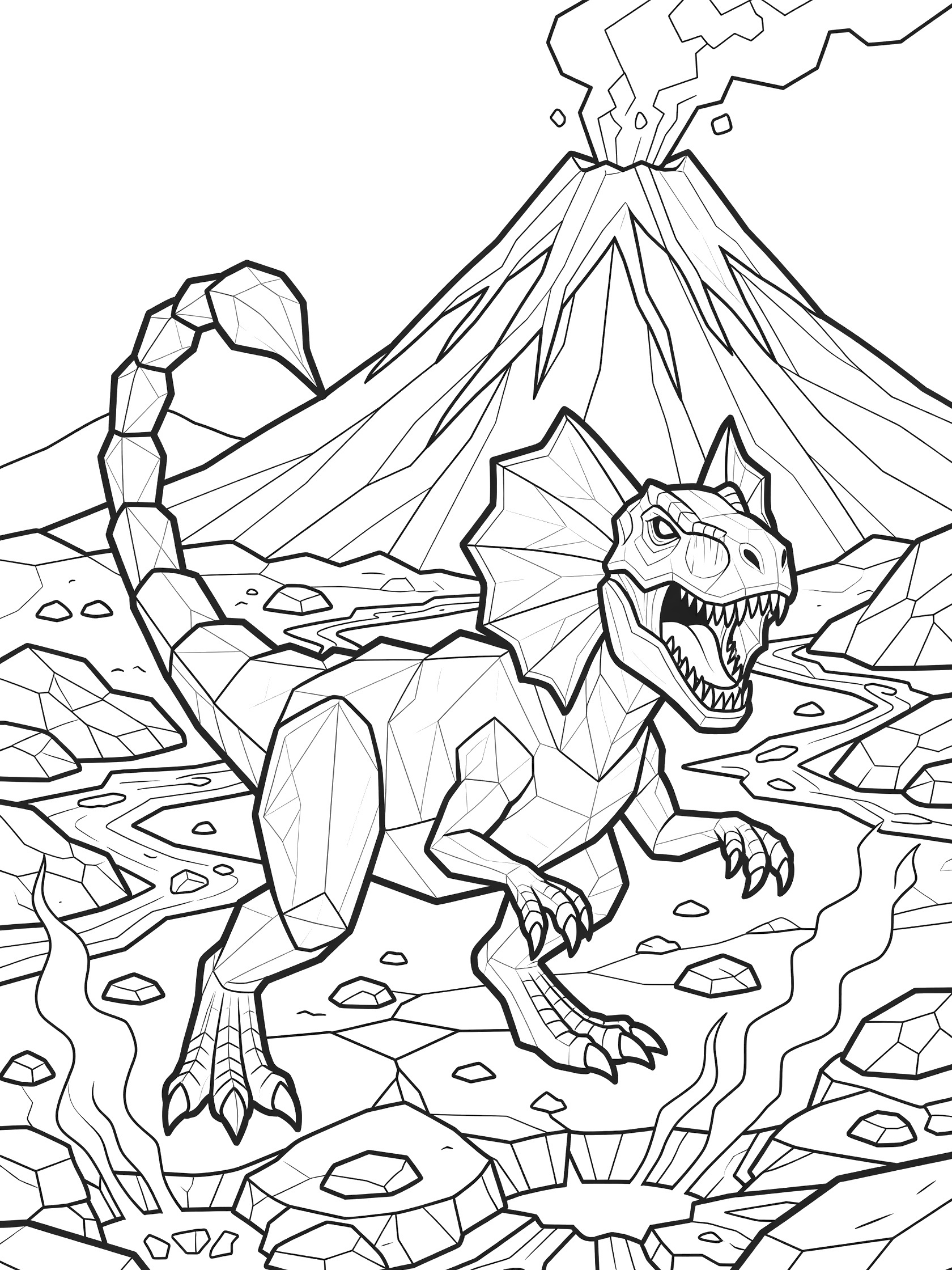 Black and white coloring page of Scorpios Rex dinosaur crouched aggressively near a volcano with arched scorpion tail, flared frill, sharp claws, jagged lava flows, and geometric smoke.