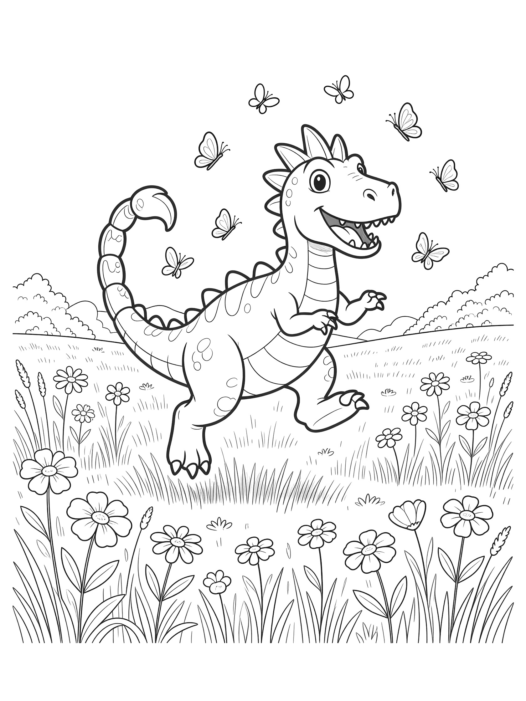 Doodle style line art of Scorpios Rex dinosaur with curly scorpion tail, spiky crests, wide eyes and open mouth chasing a swarm of butterflies through wildflowers and tall grasses in a meadow.