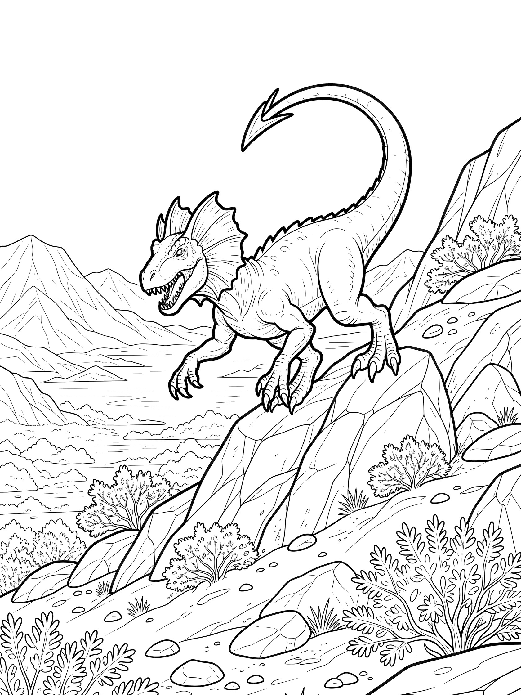 Black and white line art of Scorpios Rex dinosaur climbing jagged rocky hill, gripping boulders with claws, long arched tail with stinger, frilled neck, sparse shrubs, prehistoric valley background.