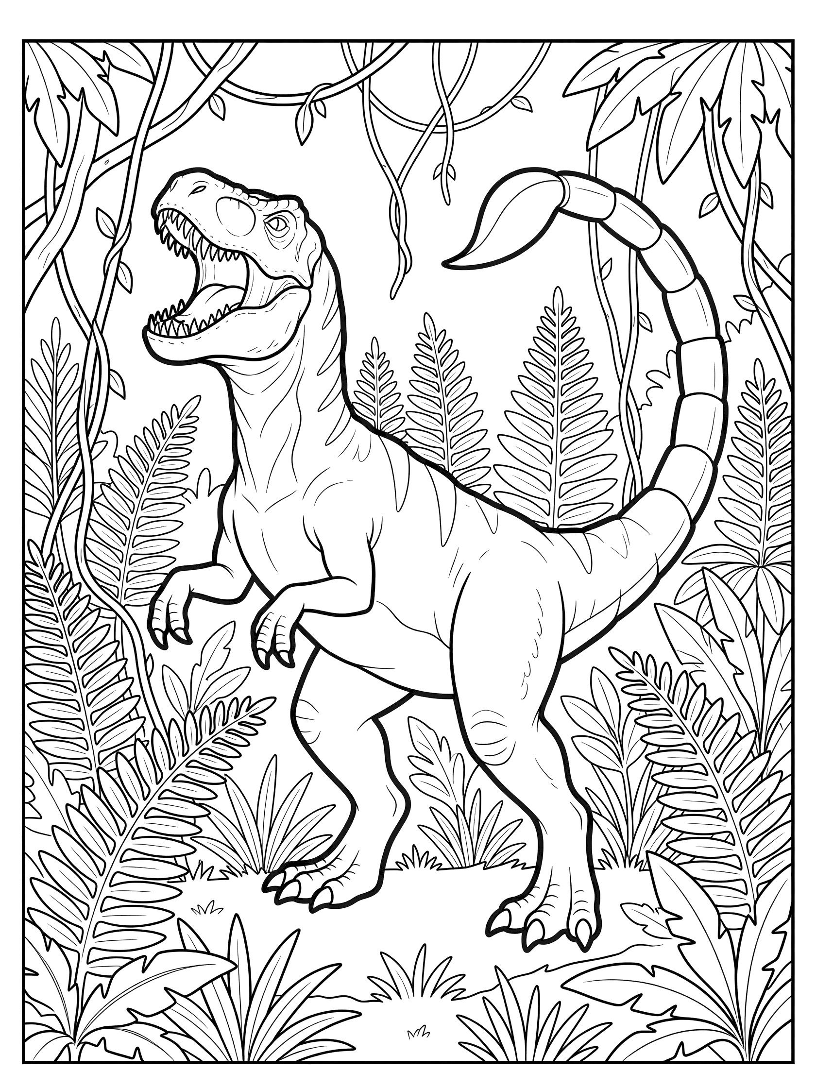 Black and white line art coloring page showing a Scorpios Rex dinosaur with T-Rex body and scorpion tail rearing up fiercely amid jungle ferns and vines.