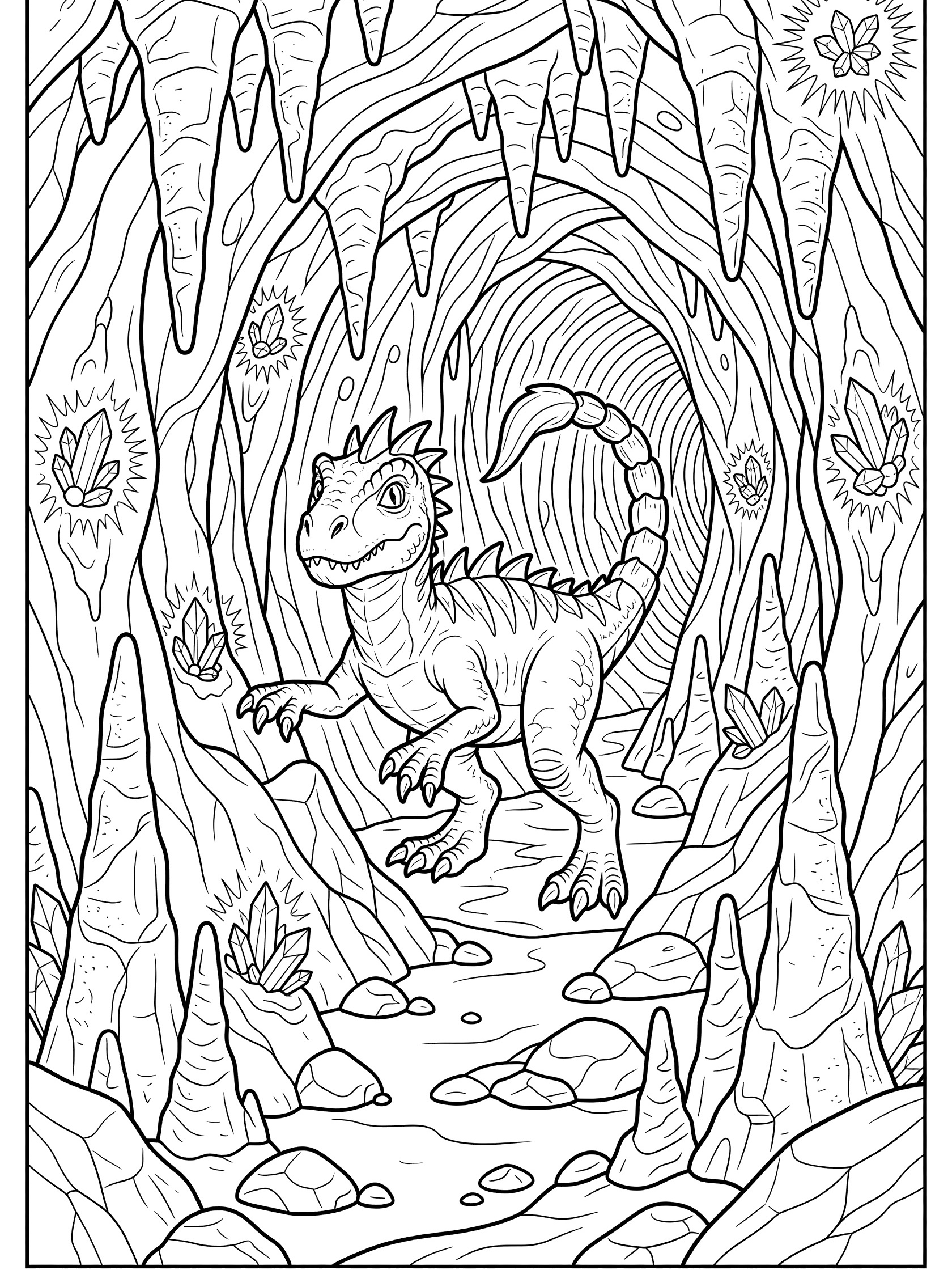 Scorpios Rex dinosaur with spiky crest and curved scorpion tail walking cautiously in a detailed cave coloring page with glowing crystals and rocky walls