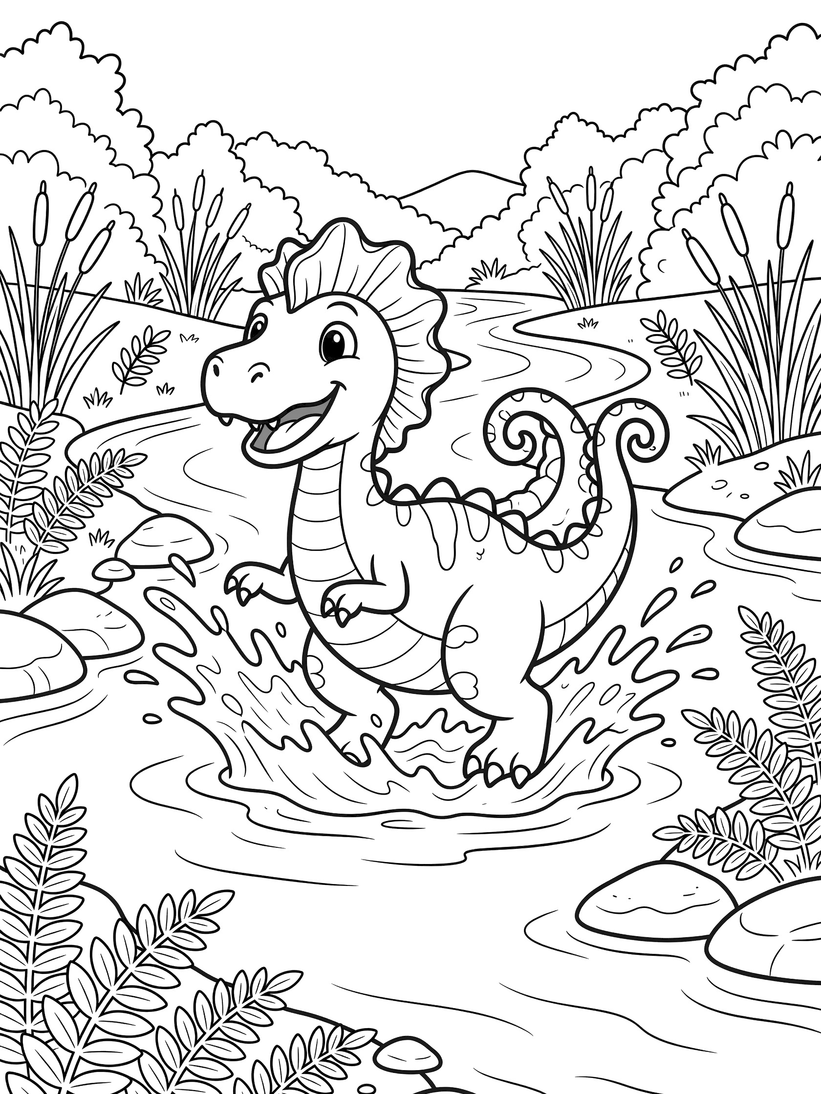 Black and white coloring page of a cartoon Scorpios Rex dinosaur joyfully splashing water in a shallow river surrounded by rocks, ferns, reeds, and forested hills.