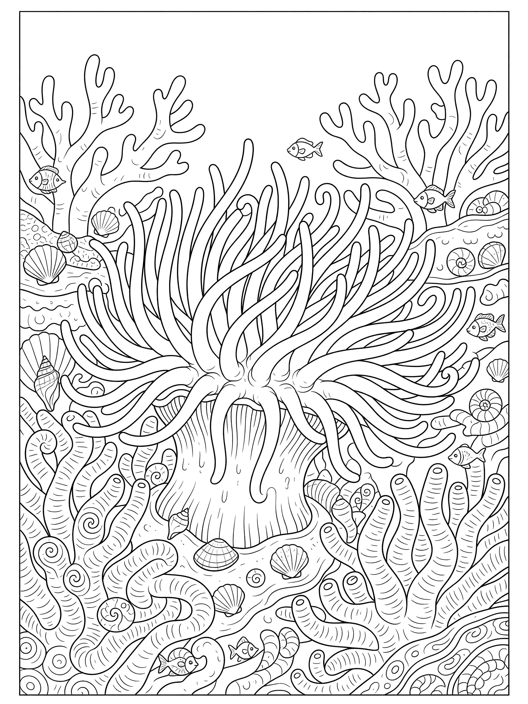 Black and white line art coloring page showing a large sea anemone with curly tentacles among branching coral, tiny fish, and scattered shells on an underwater reef.