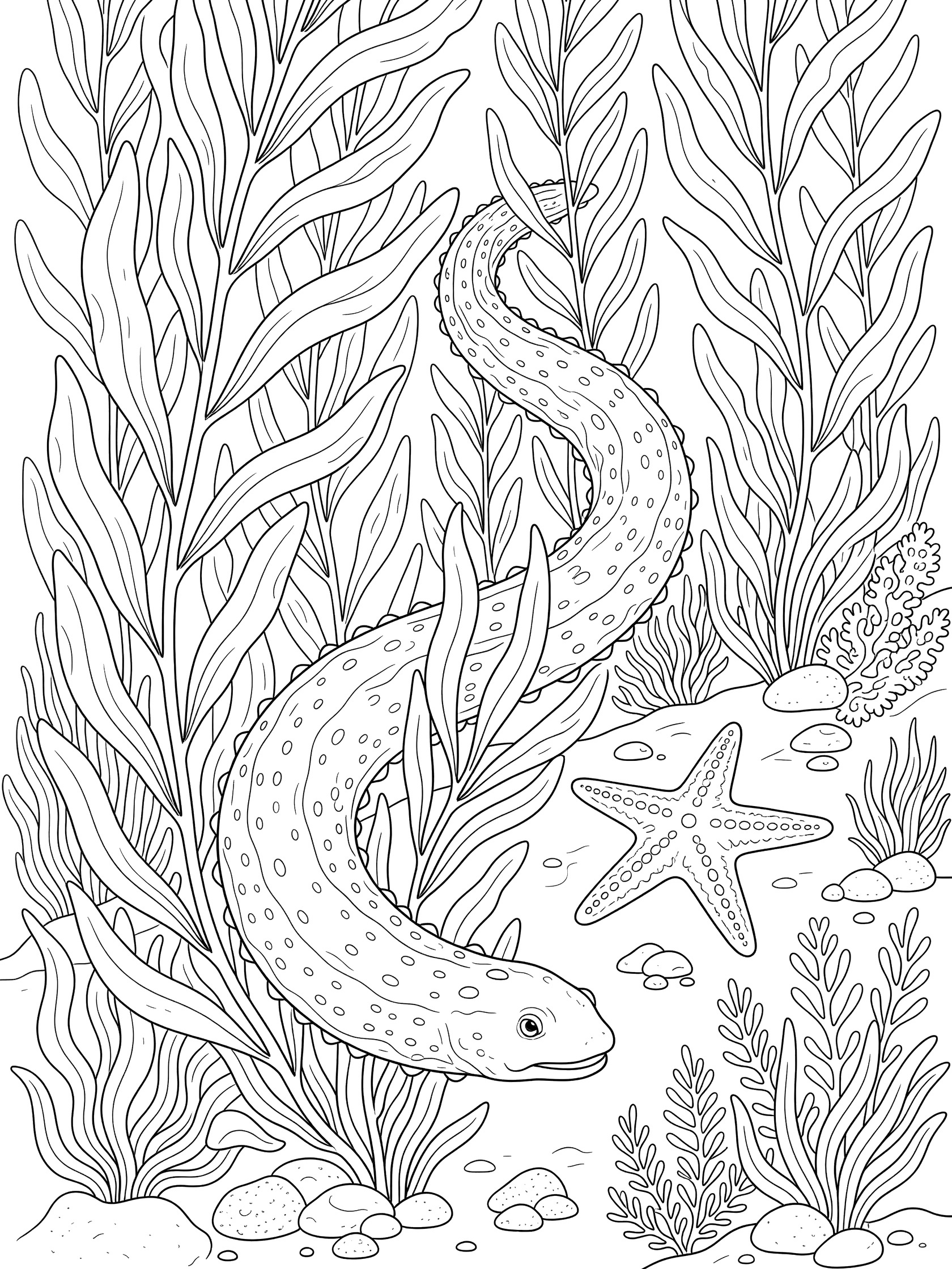 Black and white line art coloring page showing a long sea eel curving through wavy kelp strands, a starfish nearby, small plants, and pebbles on the ocean floor. Sea Cucumber themed black and white printable line art