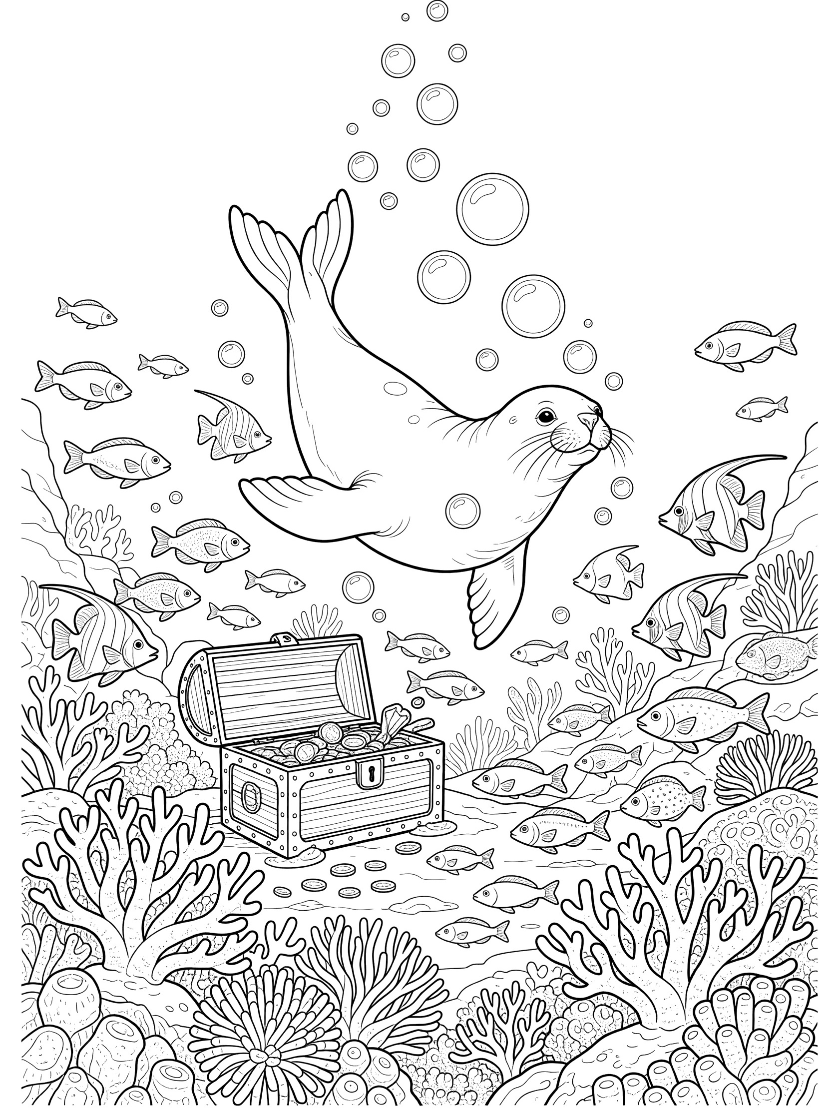 Black and white line art coloring page showing a sea lion diving in the ocean past corals, a treasure chest with coins, schools of fish and bubbles.
