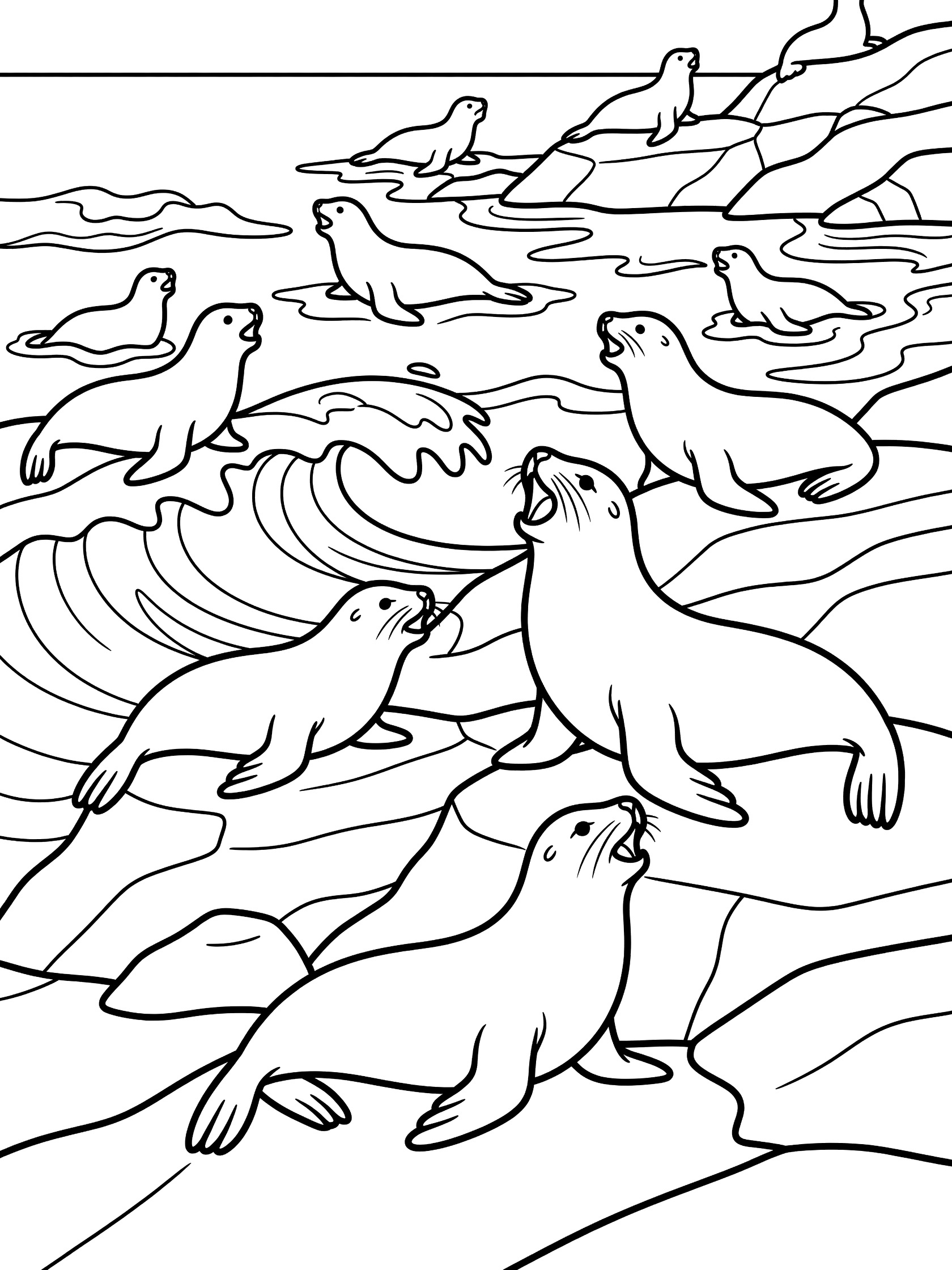 Black and white line art coloring page showing sea lions on rocky outcrops with crashing ocean waves and some sea lions in the water. California Coast themed black and white printable line art