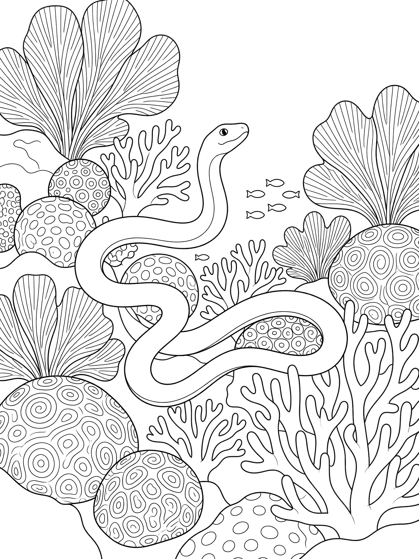 Black and white line art coloring page showing a long sea snake curving in and out of coral branches, fan-shaped plants, round coral, and small fish.