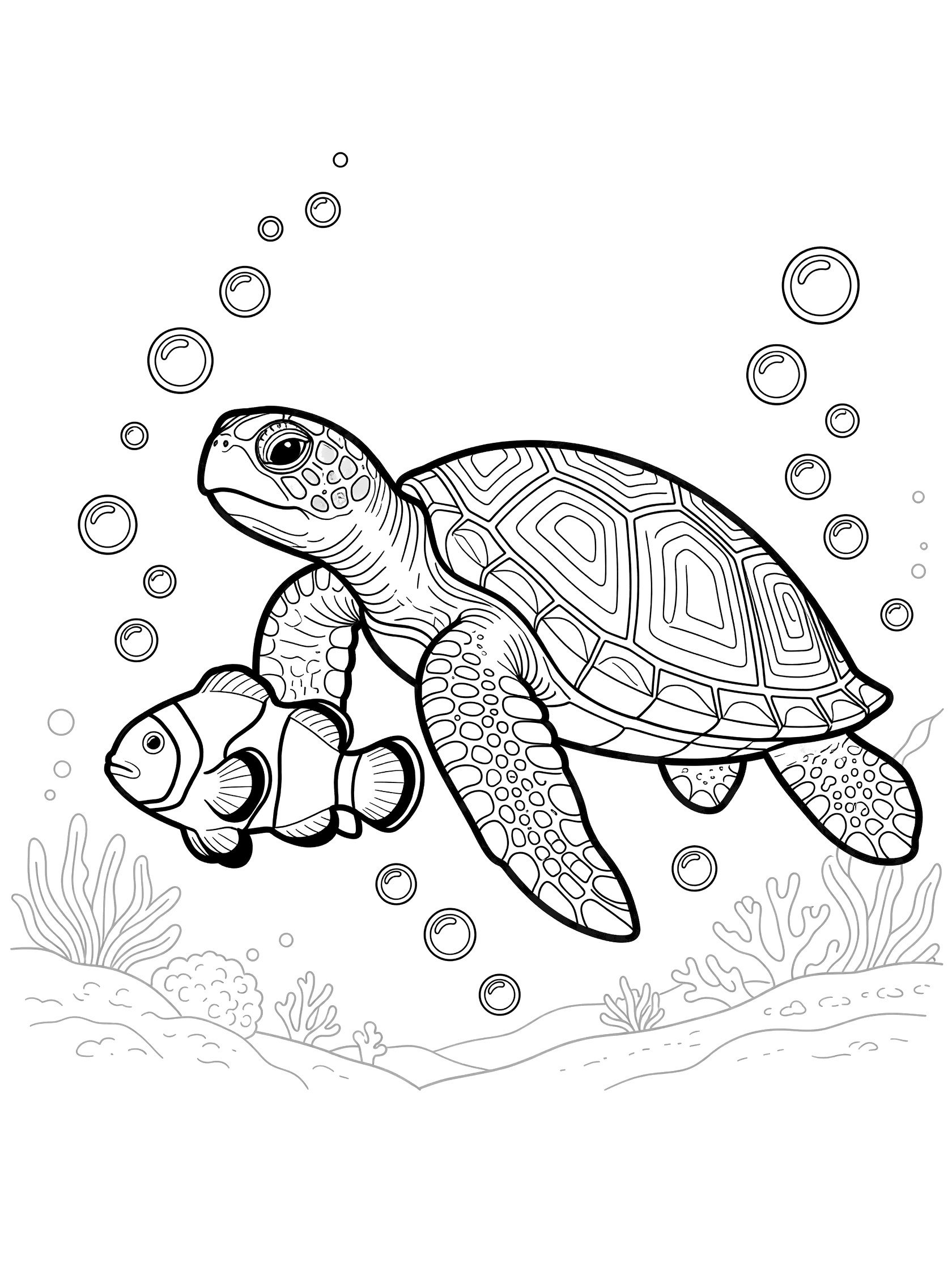 Black and white line art coloring page showing a large sea turtle with detailed shell pattern swimming with orange-striped clownfish nearby, bubbles rising, and simple sea plants at the bottom.
