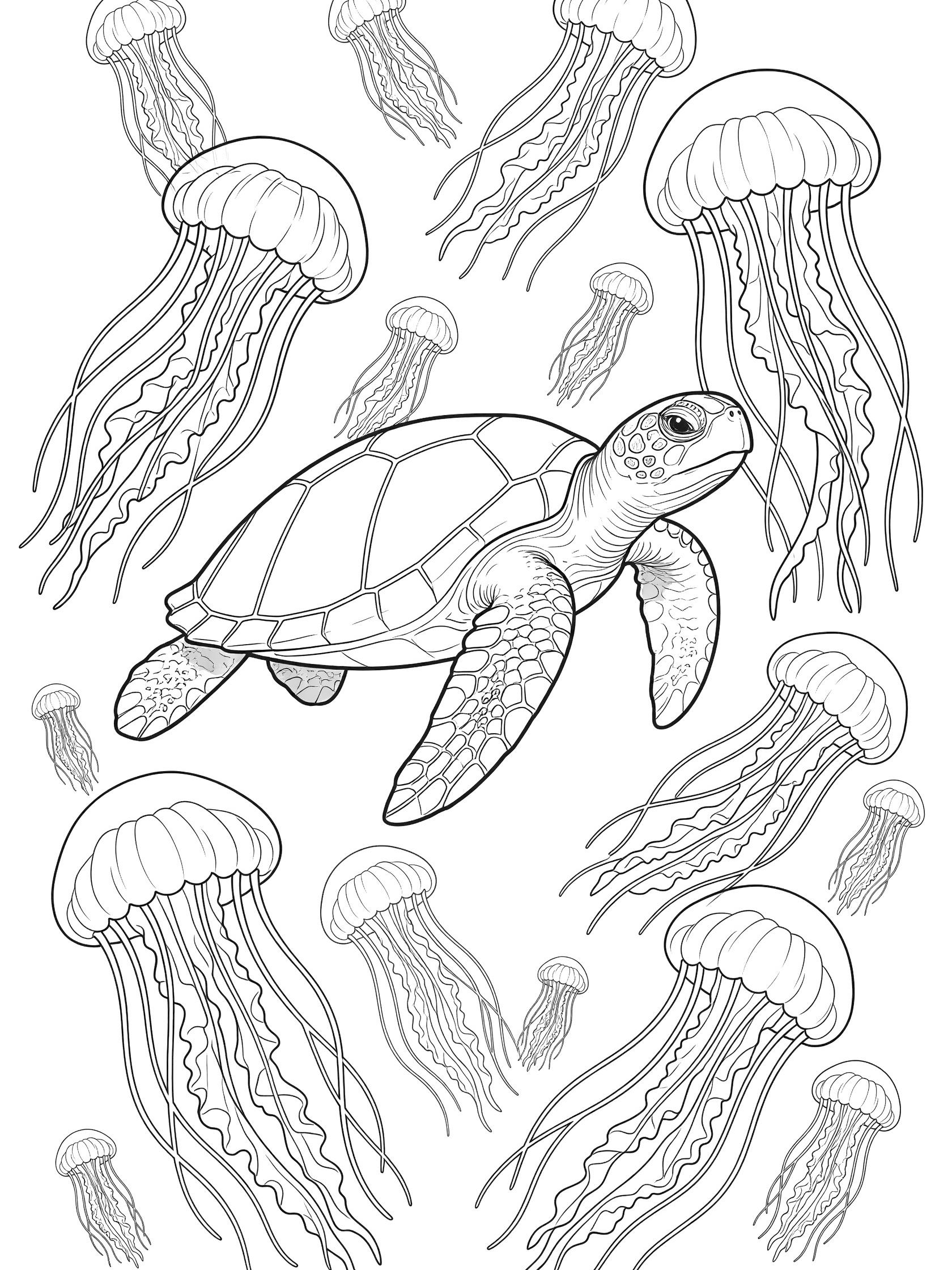 Black and white line art coloring page showing a sea turtle surrounded by floating jellyfish