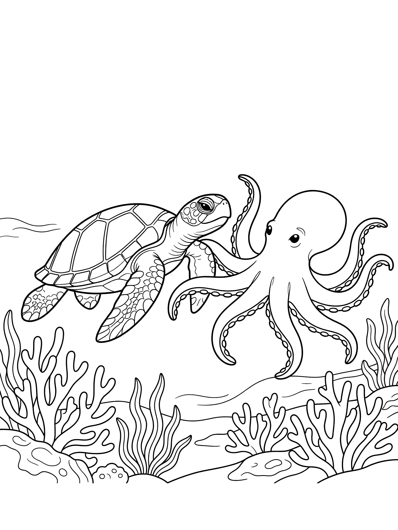 Black and white line art coloring page showing a smiling sea turtle swimming near a friendly octopus waving tentacles amid underwater seaweed plants.