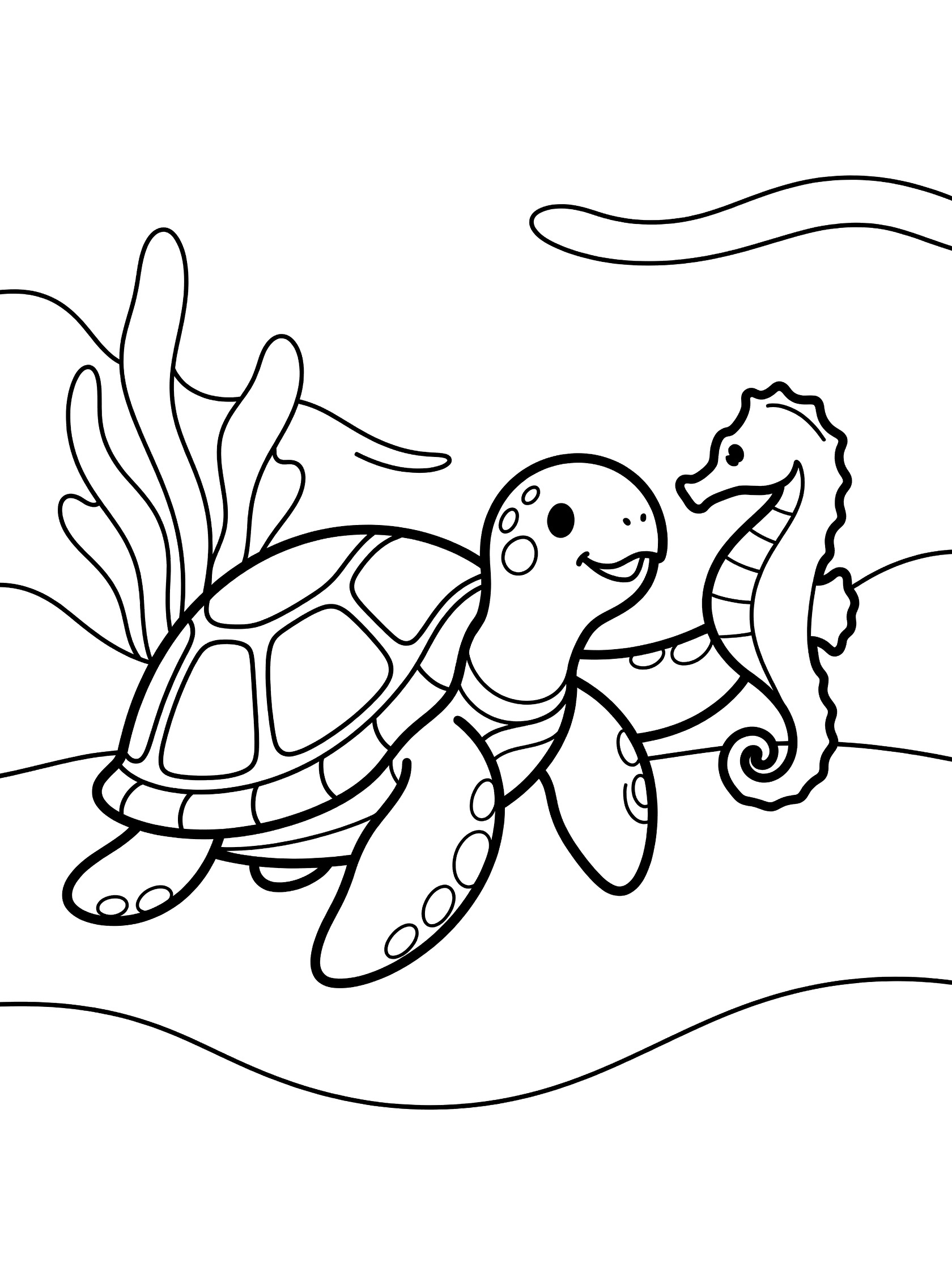 Black and white line art coloring page showing a smiling sea turtle facing a seahorse holding its fin, surrounded by seaweed and wavy ocean lines.