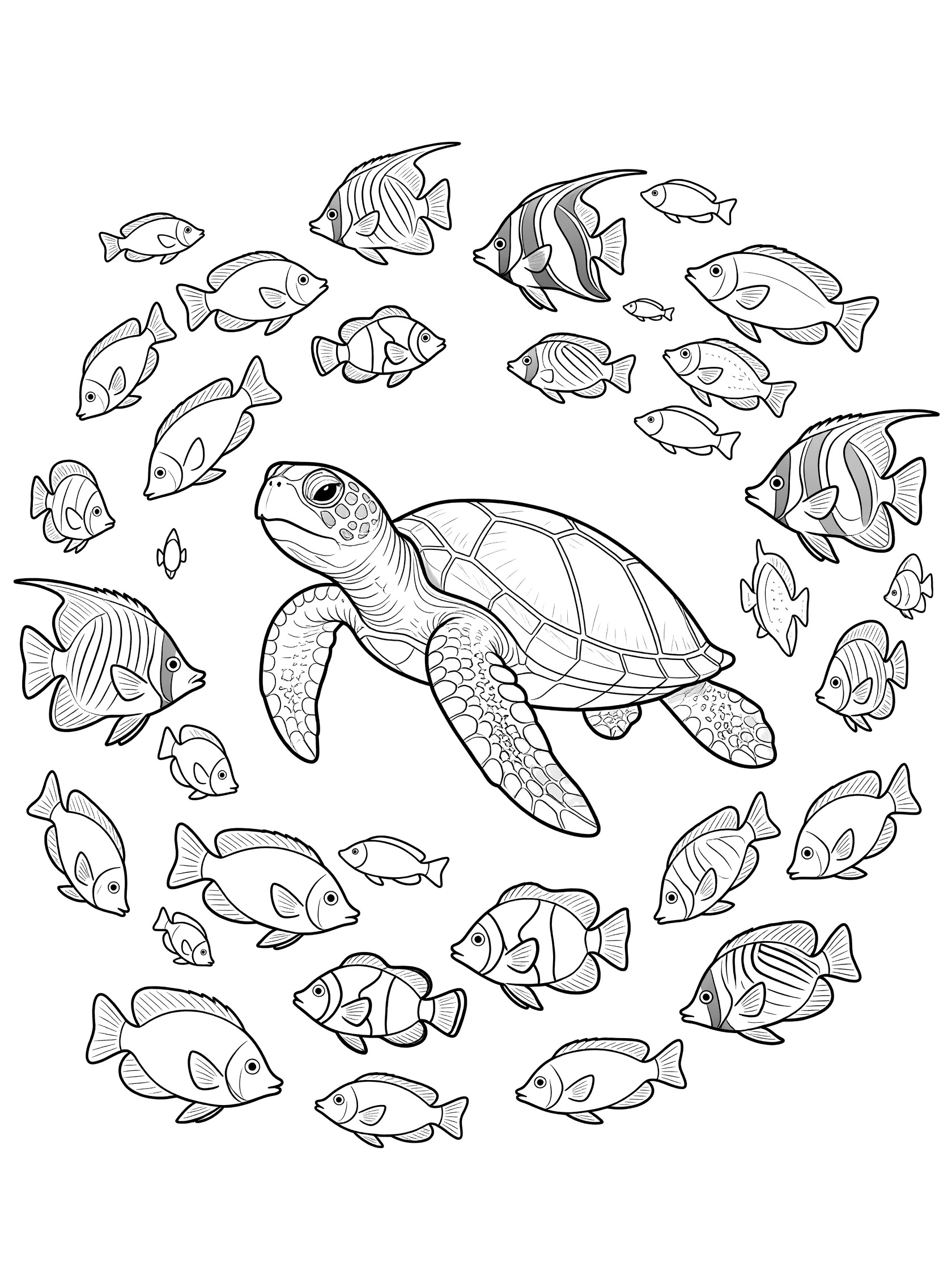 Black and white line art coloring page showing a sea turtle in the center with many tropical fish swimming around it