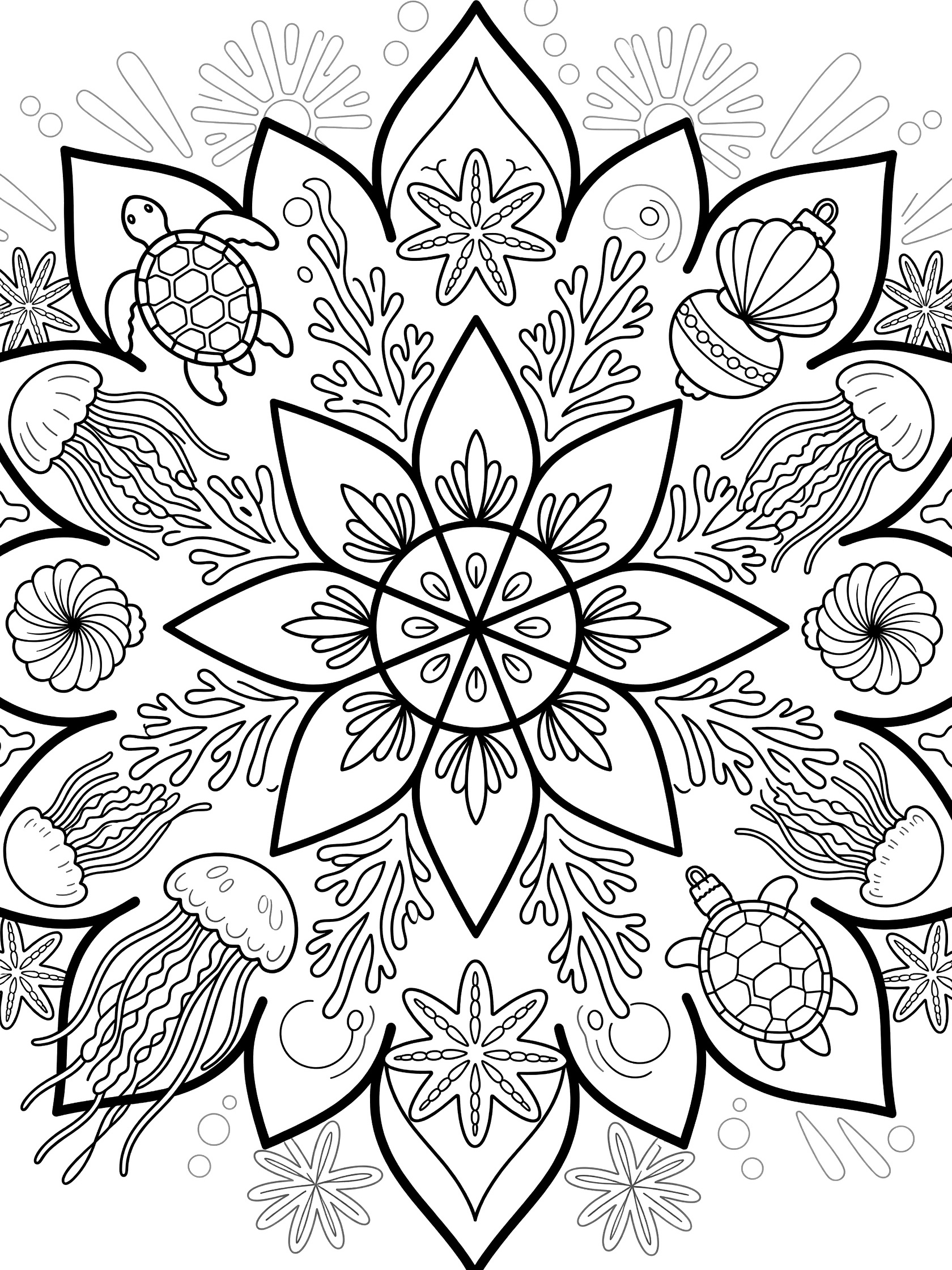 Black and white printable coloring page of a floral sunburst mandala with central sea turtle surrounded by jellyfish, starfish, seashells, and seaweed in simple geometric style.