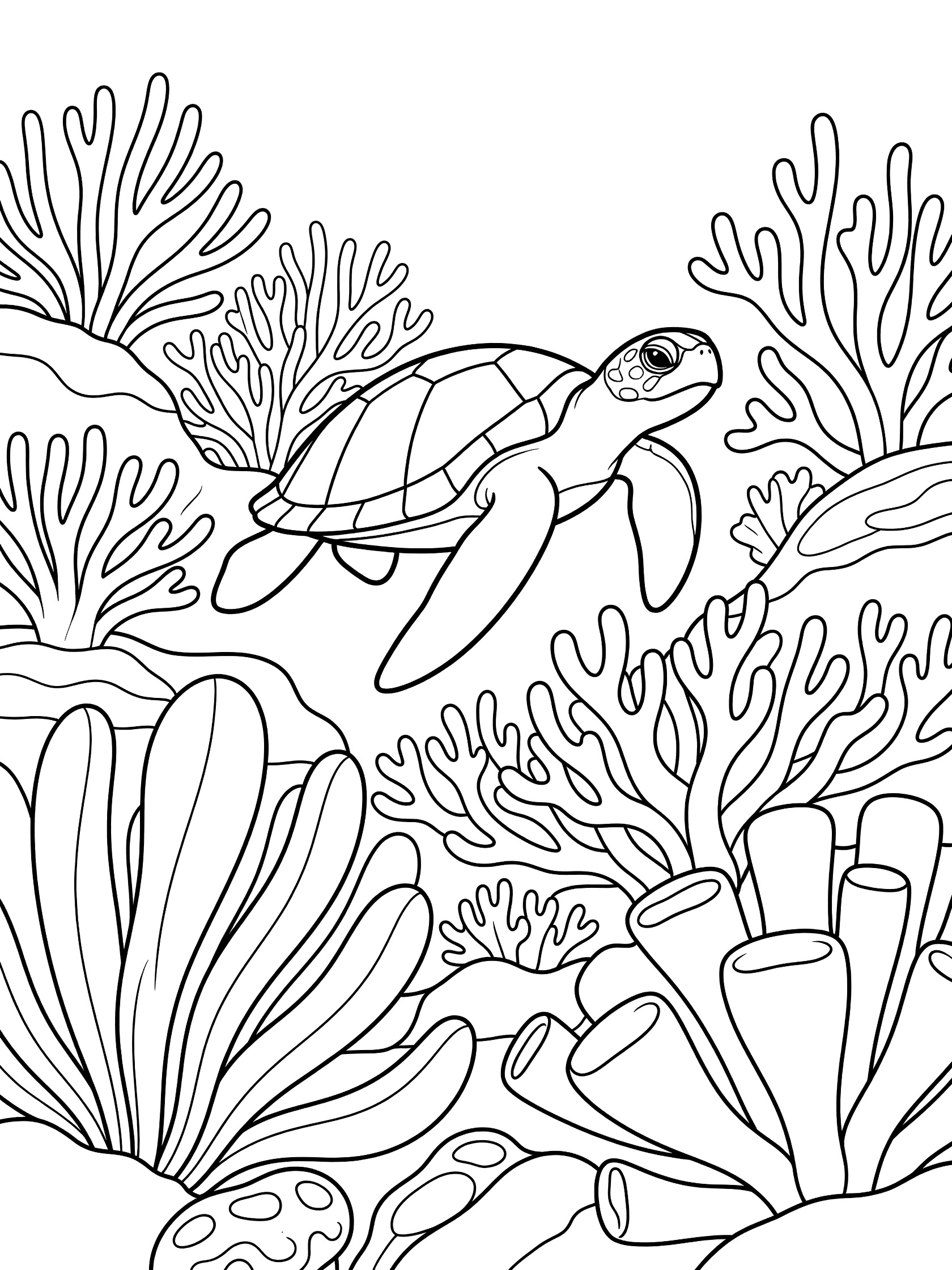 Black and white line art coloring page showing a sea turtle swimming near corals, sea fans, and rocks in a reef