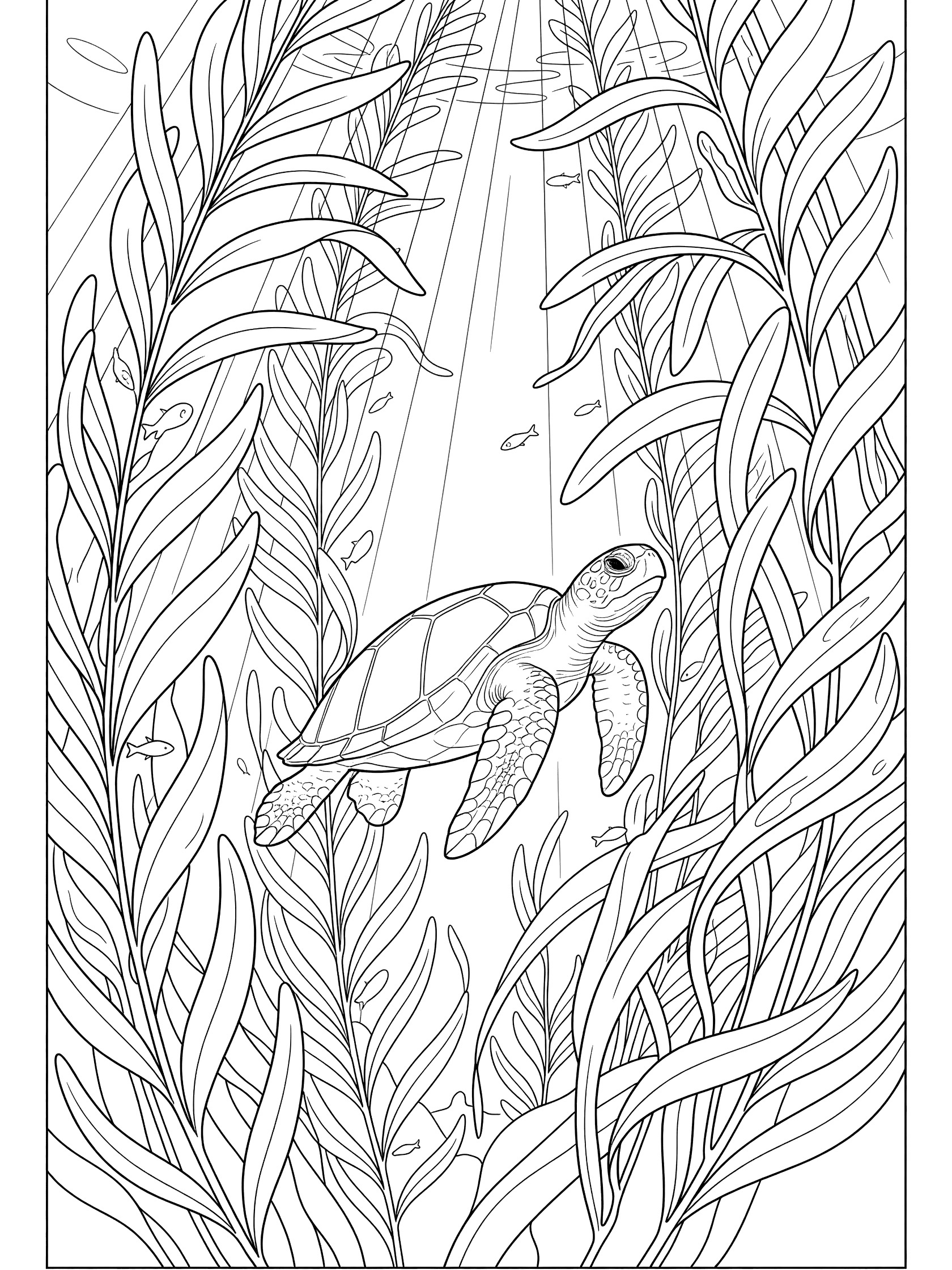 Black and white line art coloring page showing a sea turtle swimming among long swaying kelp strands, small fish nearby, and sunlight filtering from above.