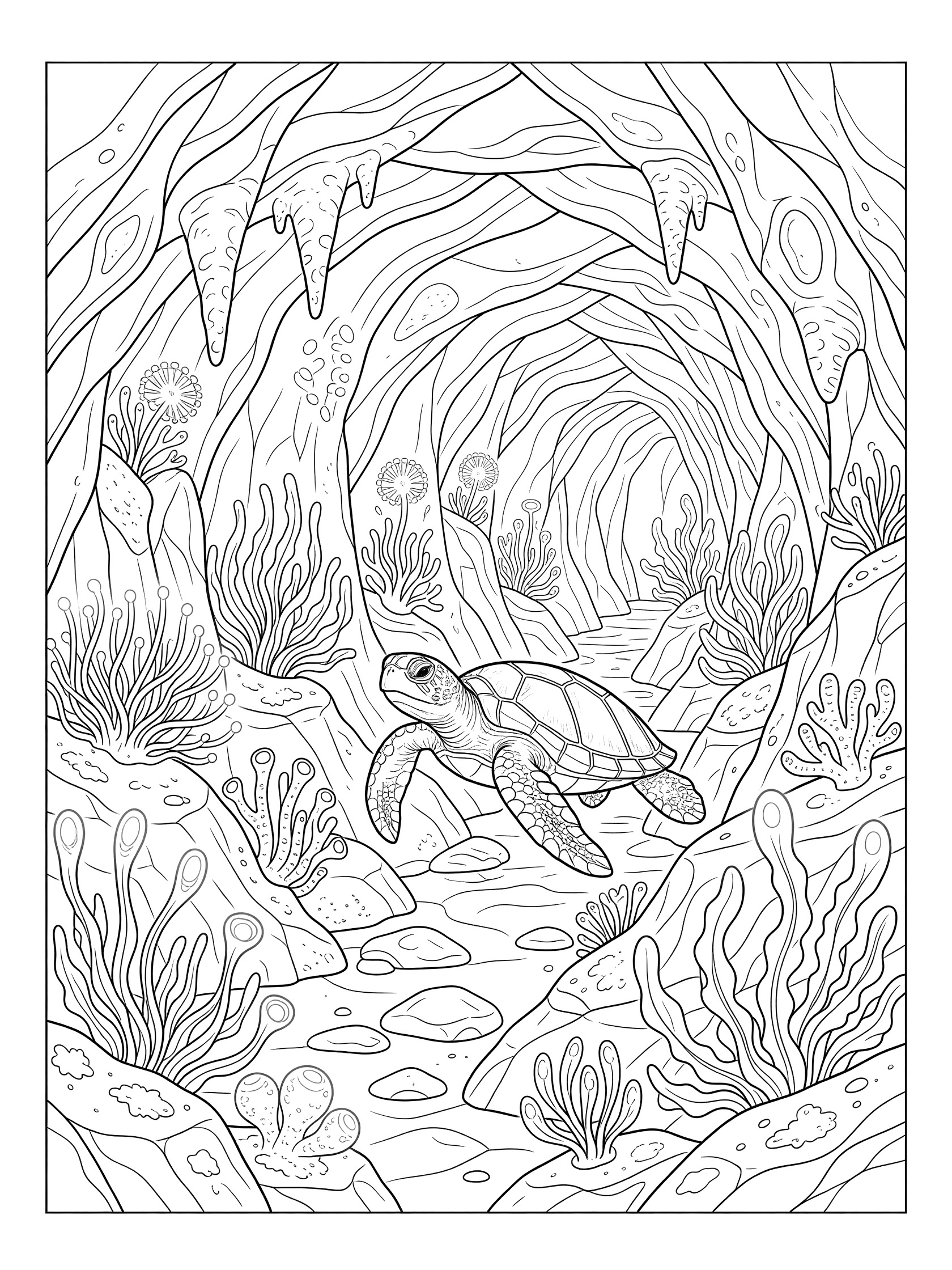 Black and white line art of a sea turtle swimming in a detailed underwater cave with rocks, seaweed, corals, and plants.