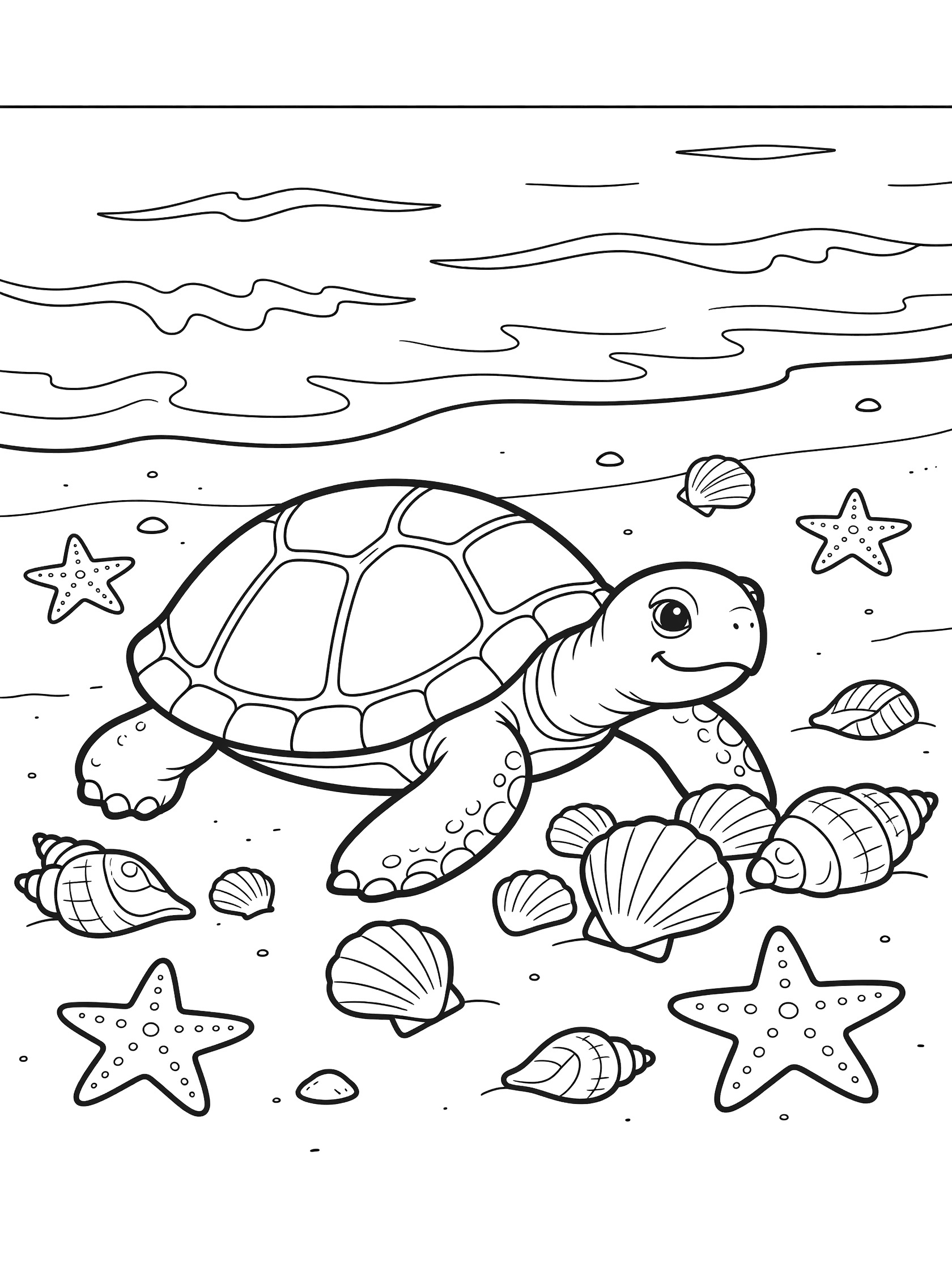 Black and white line art coloring page showing a sea turtle on a sandy beach picking up seashells and starfish with ocean waves behind.