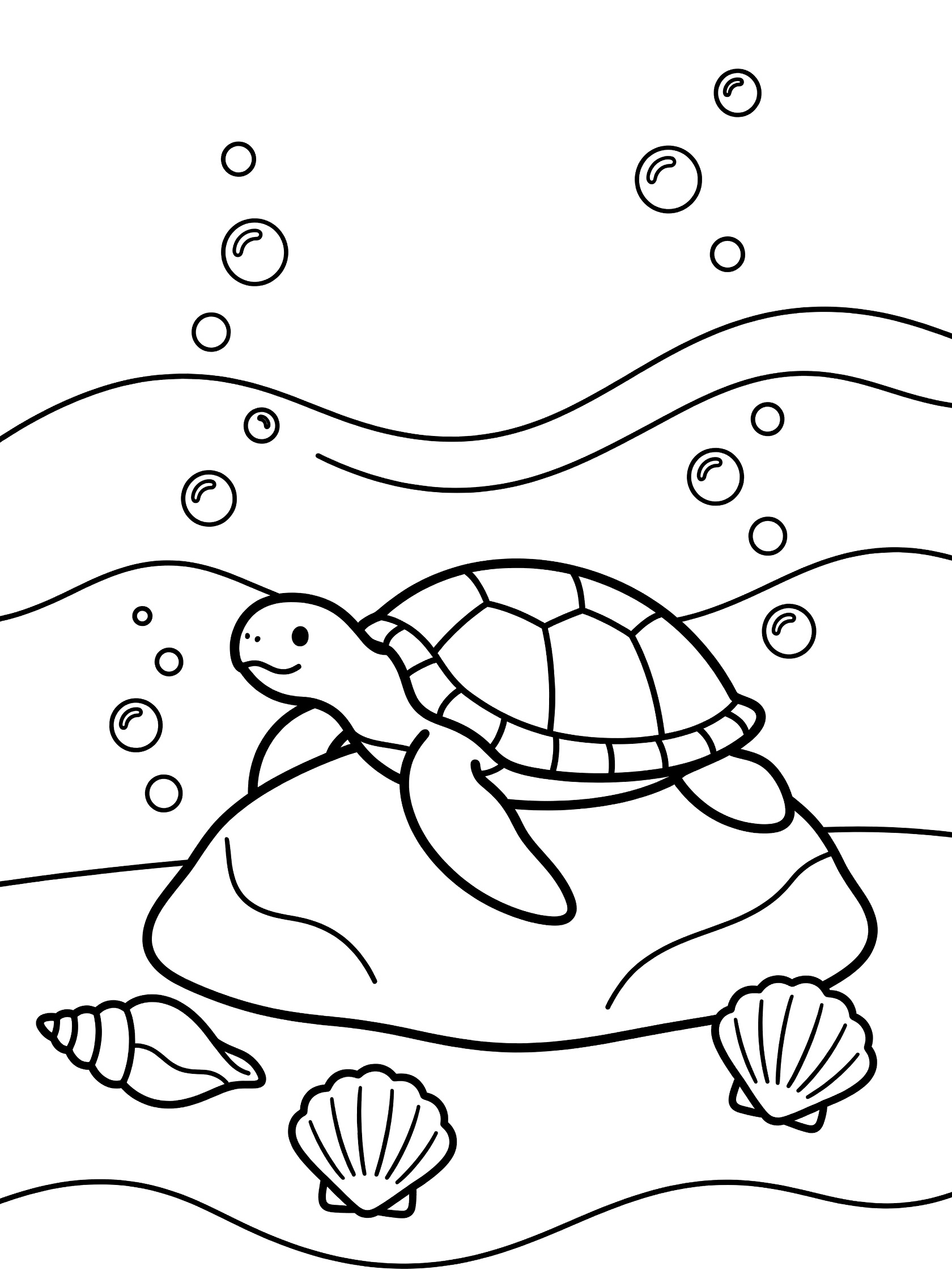 Black and white line art coloring page showing a happy sea turtle on a rock at the ocean bottom with waves, bubbles and seashells around it.