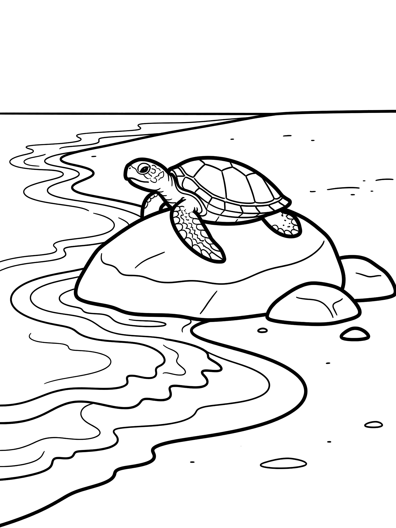Black and white line drawing of a sea turtle sitting on a large rock with ocean waves lapping around it on a beach.