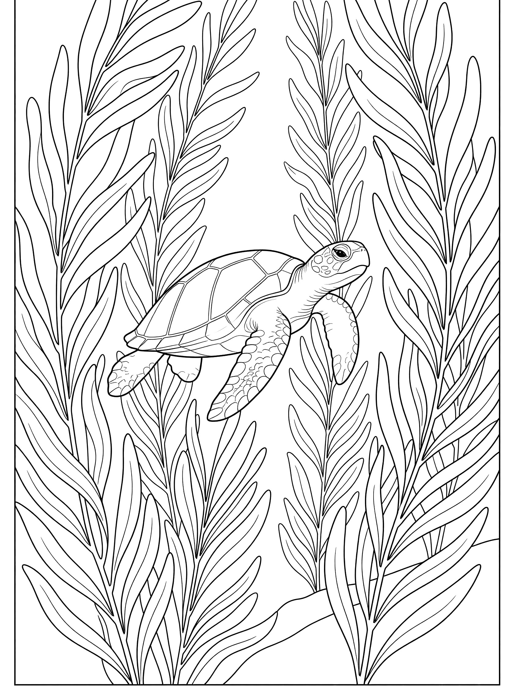 Black and white line art coloring page showing a sea turtle with flippers swimming among tall strands of seaweed