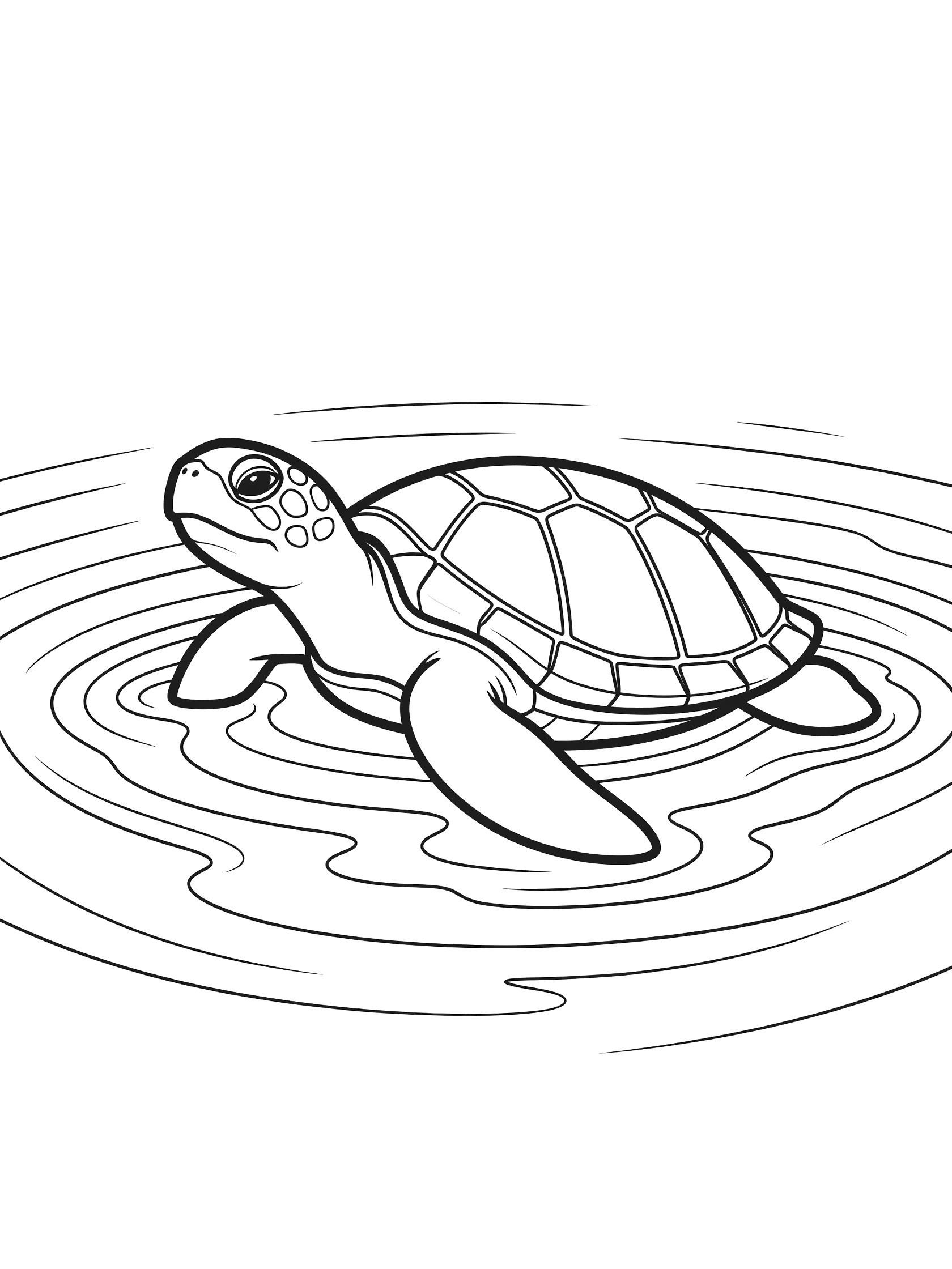 Black and white line art coloring page showing a sea turtle poking its head above rippling water, clean outlines for easy coloring.