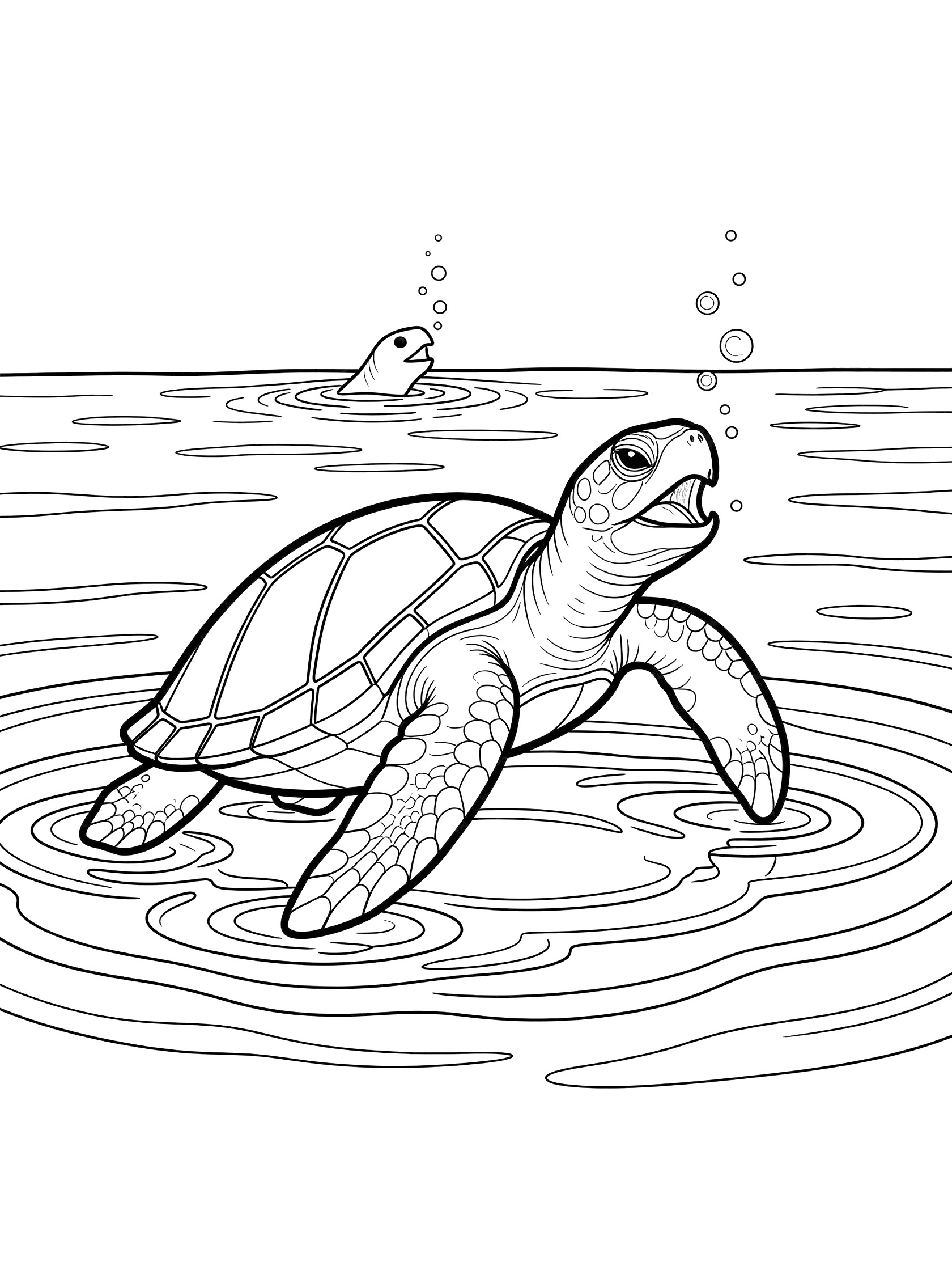 Black and white line art coloring page showing a sea turtle with open mouth at water surface, flippers paddling, bubbles rising, fish nearby, and water ripples.