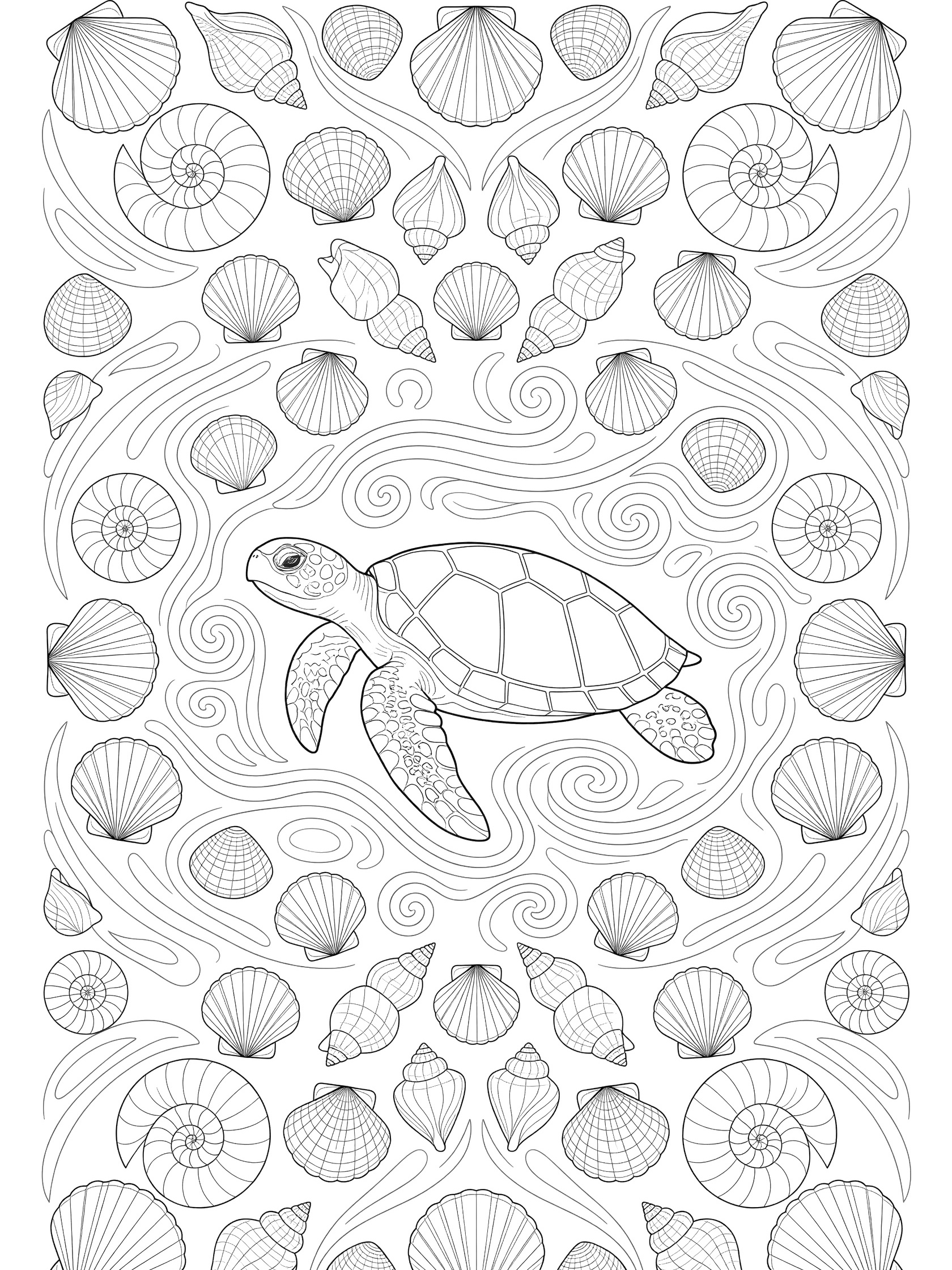 Black and white line art of a sea turtle in the center with symmetrical seashells, swirling water currents, and repeating shell patterns around it.