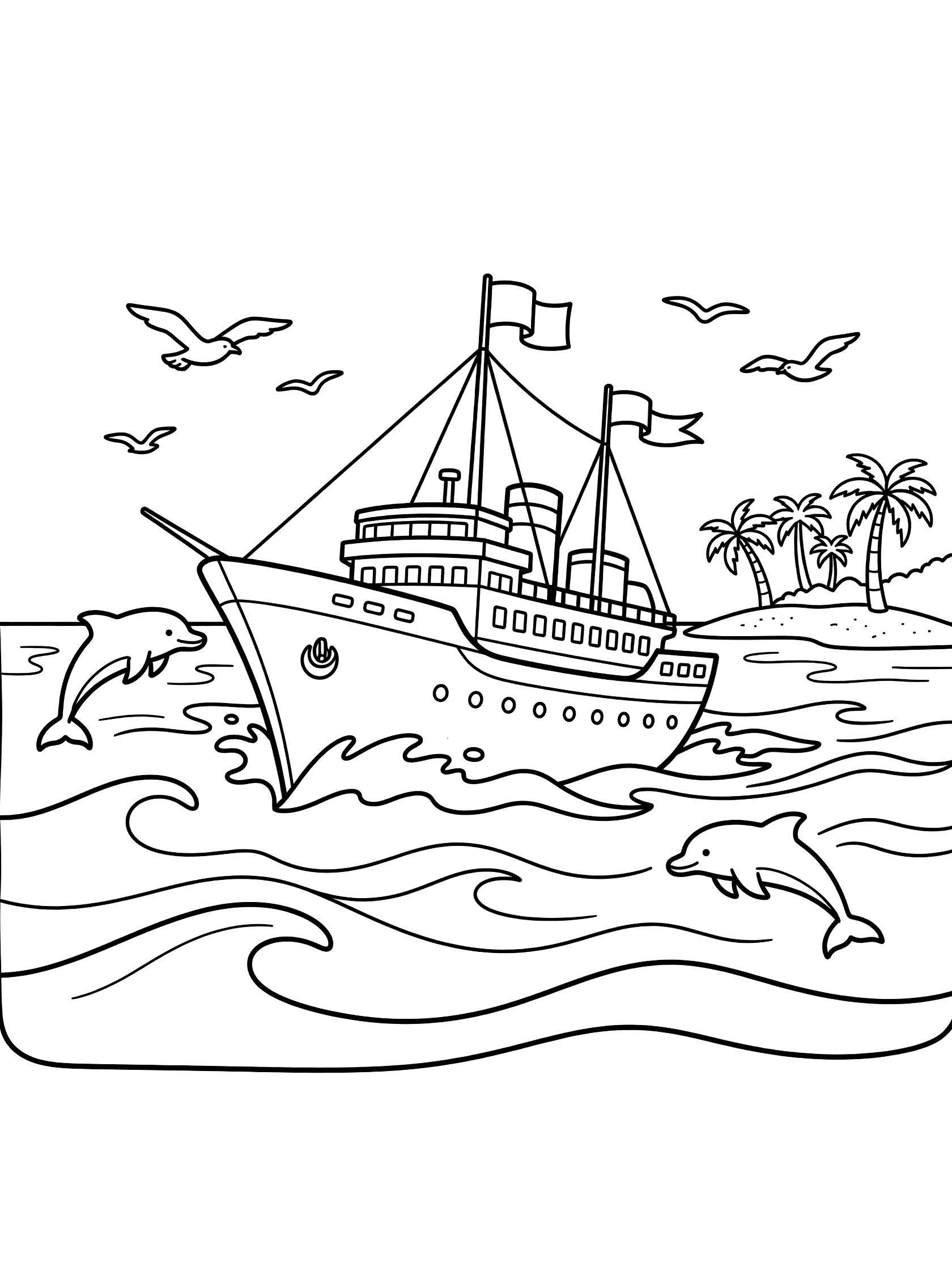 Line art coloring page showing a cruiser ship on the ocean with dolphins jumping, seagulls flying, flags waving, and palm trees on a distant island.