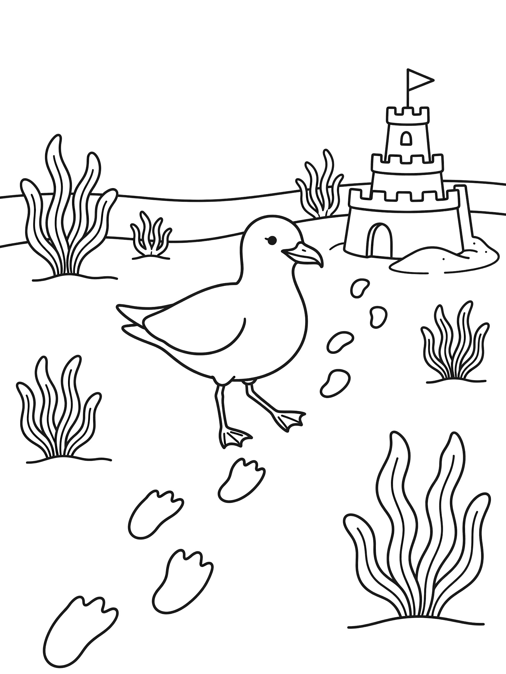 Black and white line art coloring page showing a seagull walking on sandy beach with footprints, seaweed clumps, and a tall sandcastle with flag.