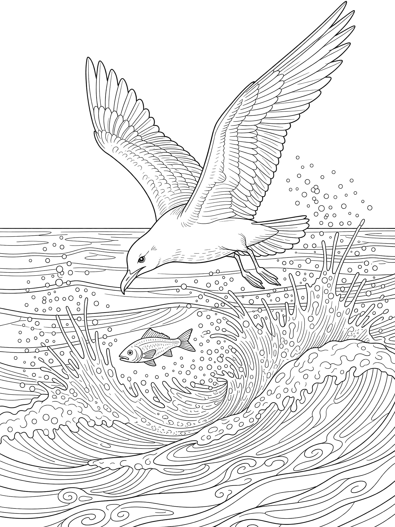 Black and white line art coloring page showing a seagull diving into wavy ocean water chasing a small fish, with bubbles and splash effects.
