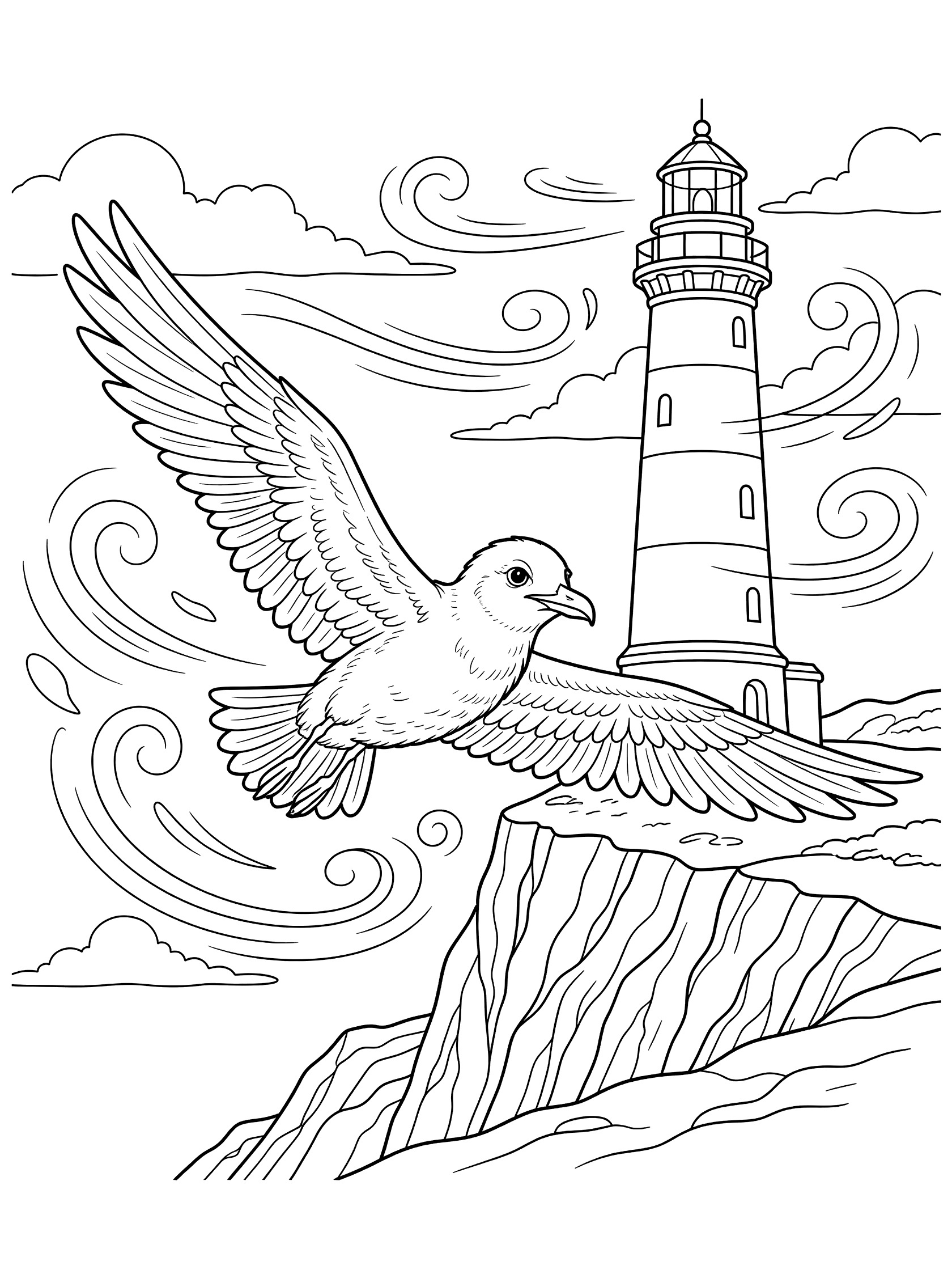 Black and white line art coloring page showing a detailed seagull in flight near a lighthouse on a rocky cliff, with swirling wind lines and distant clouds.