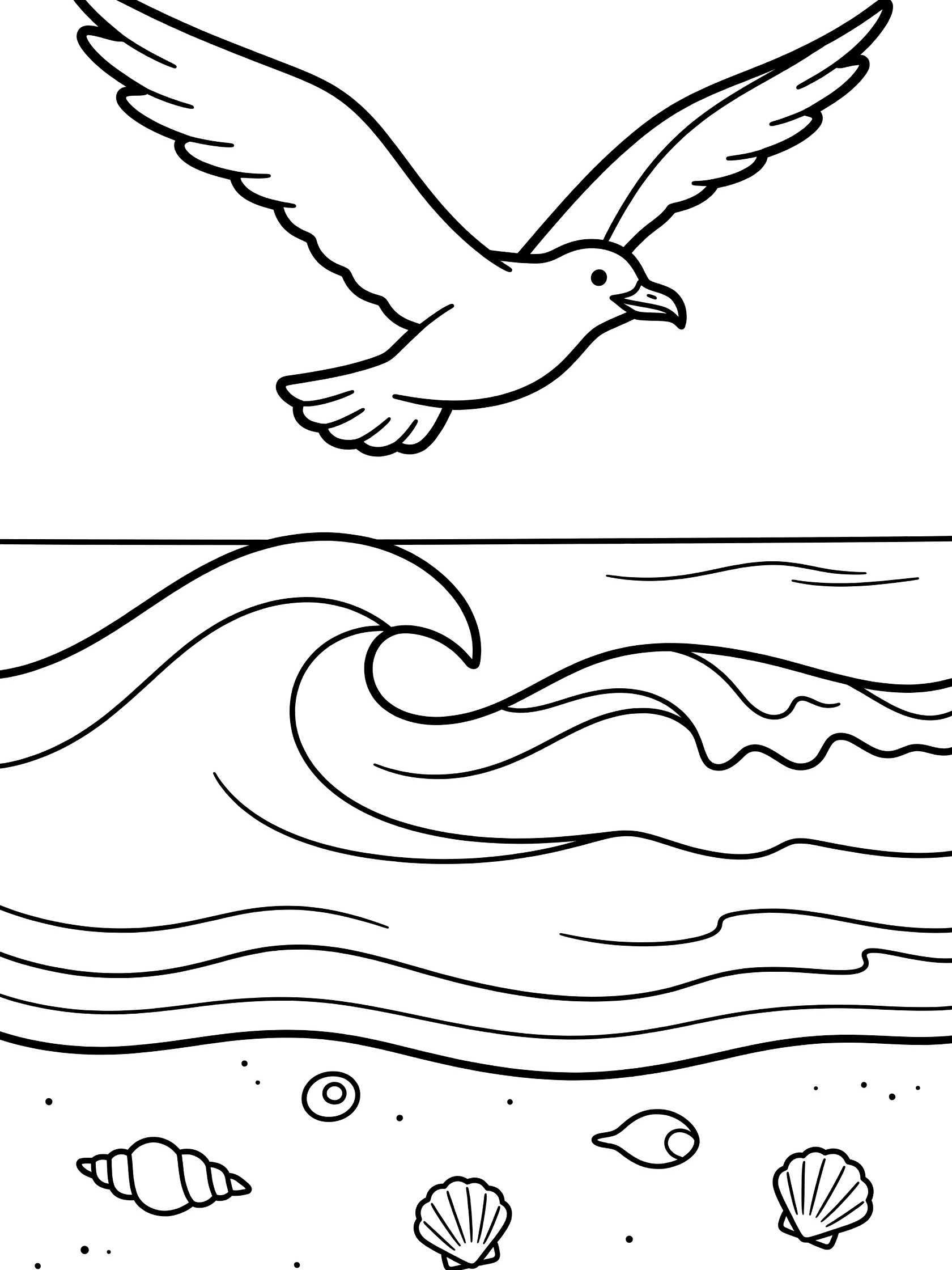 Black and white line art coloring page showing a seagull with wings spread flying above ocean waves and a sandy beach with scattered seashells.