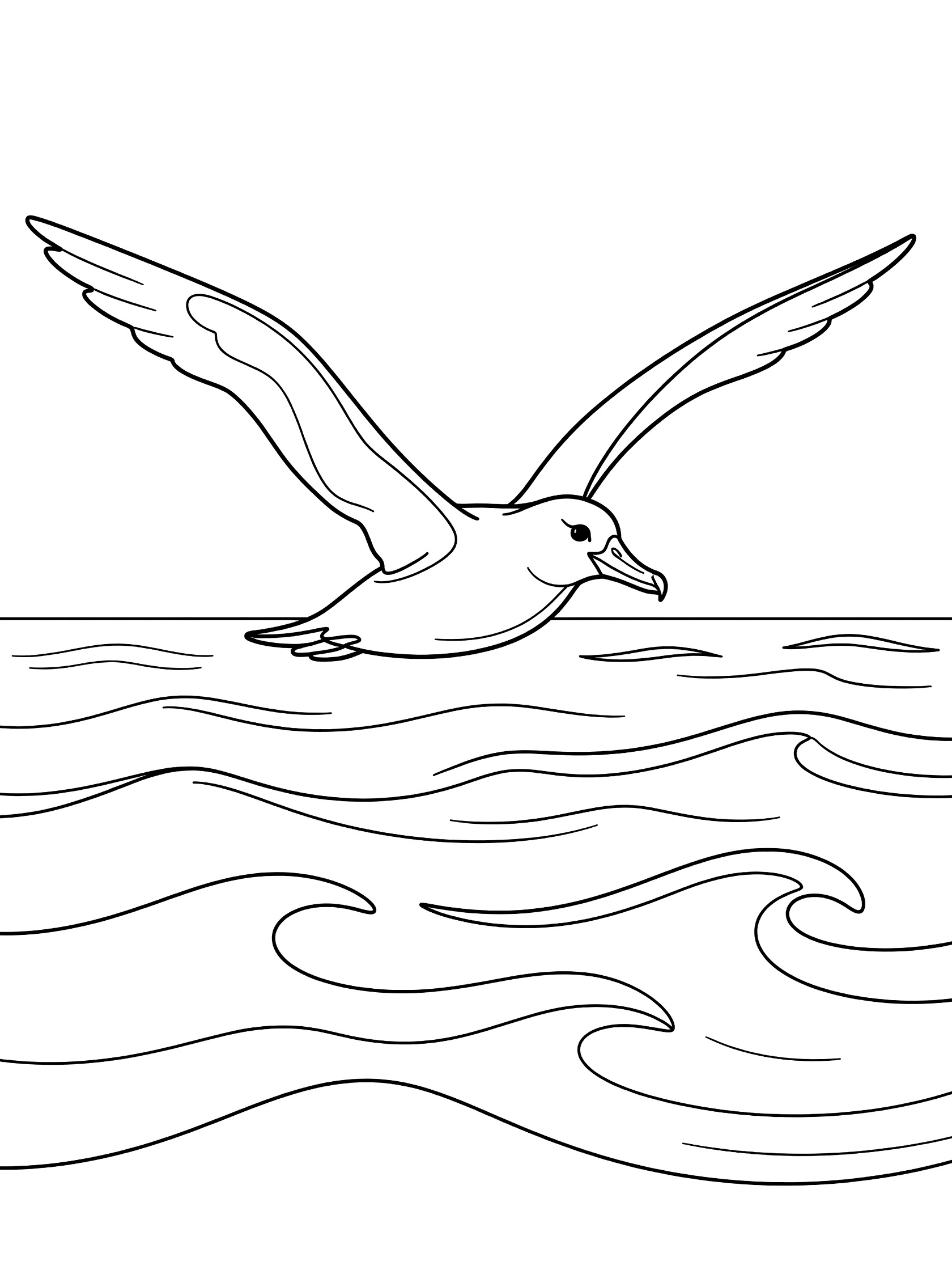 Black and white line drawing of a seagull with wide wings gliding over wavy ocean lines, printable coloring page. Albatross themed black and white printable line art
