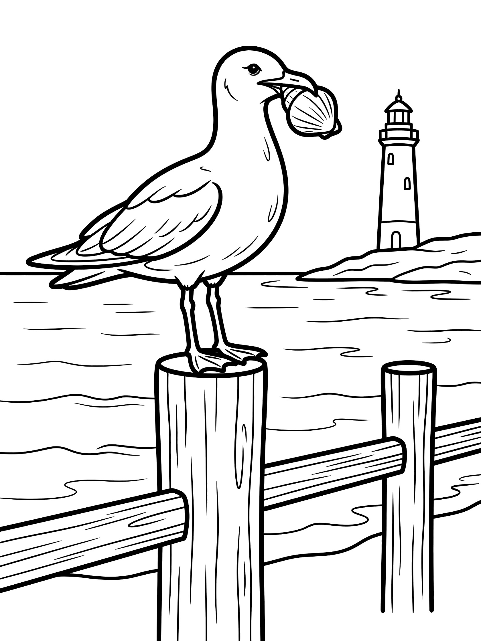 Black and white line art coloring page showing a seagull standing on a wooden fence post holding a shell in its beak, with ocean waves, another post, and a lighthouse on rocks in the background.