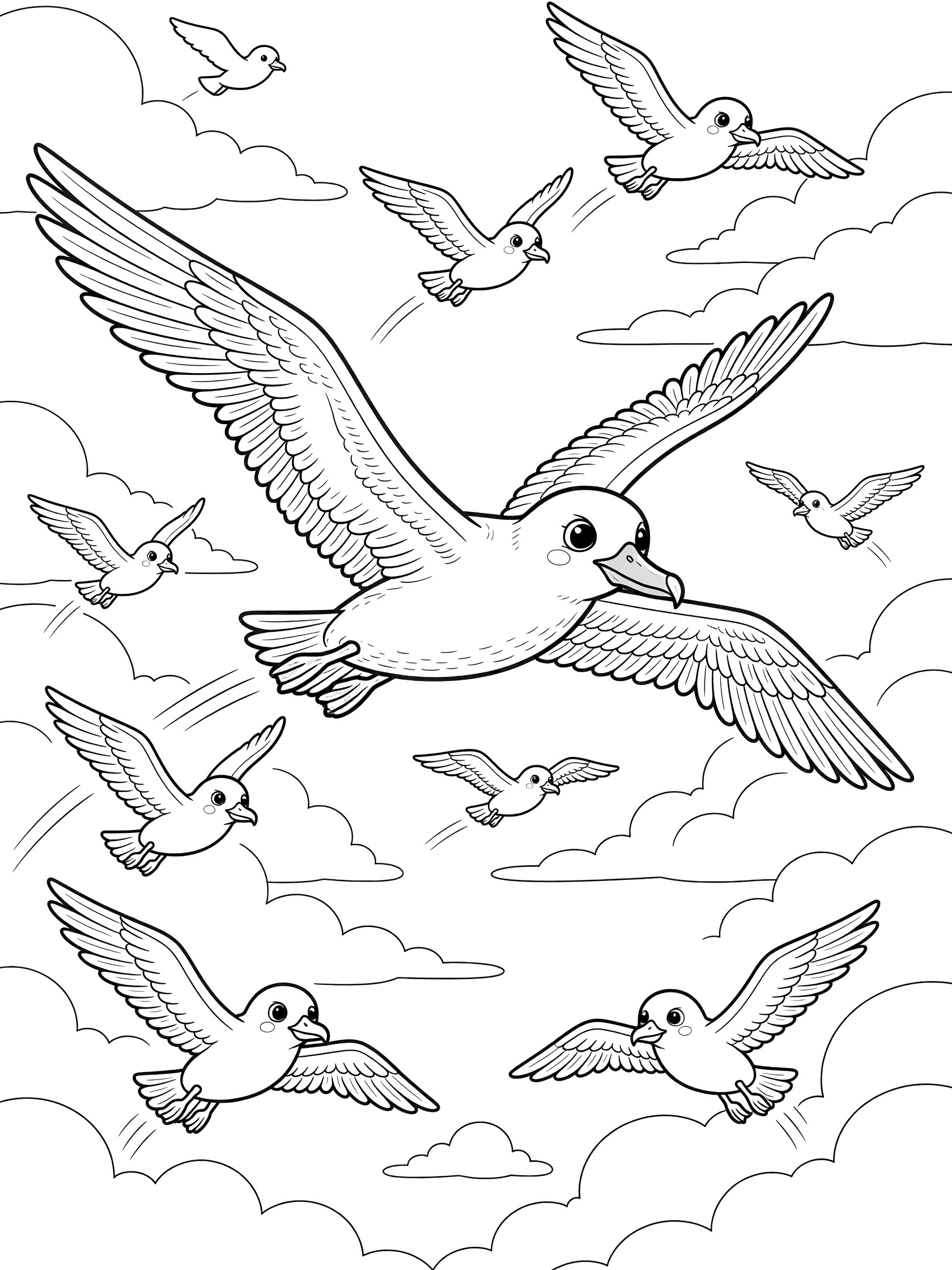 Black and white line art coloring page showing several seagulls with expressive eyes flying in a sky full of clouds. Albatross themed black and white printable line art