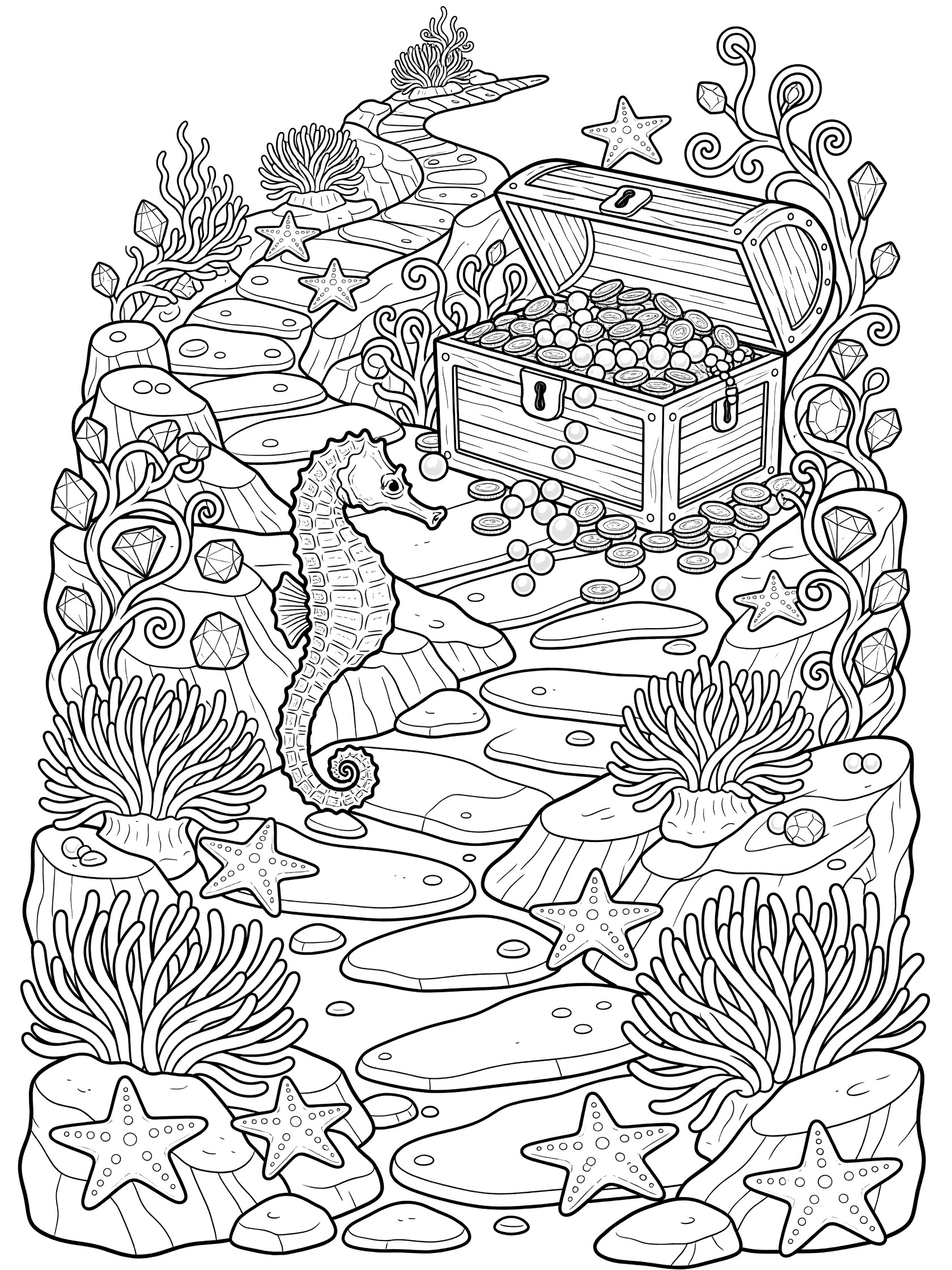 Black and white line art coloring page showing a seahorse swimming by a treasure chest full of coins and pearls, surrounded by starfish, anemones, rocks, and plants on a rocky path