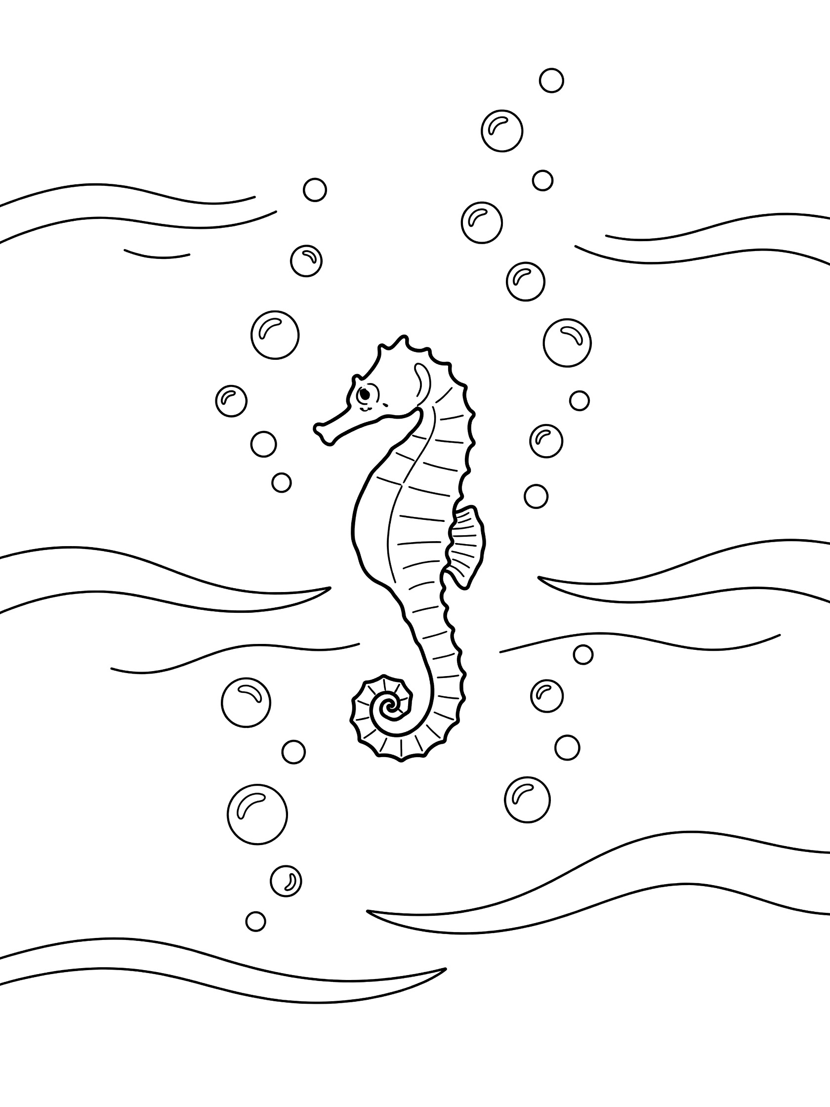 Black and white coloring page of a seahorse swimming upright with curled tail, surrounded by bubbles and wavy ocean currents.