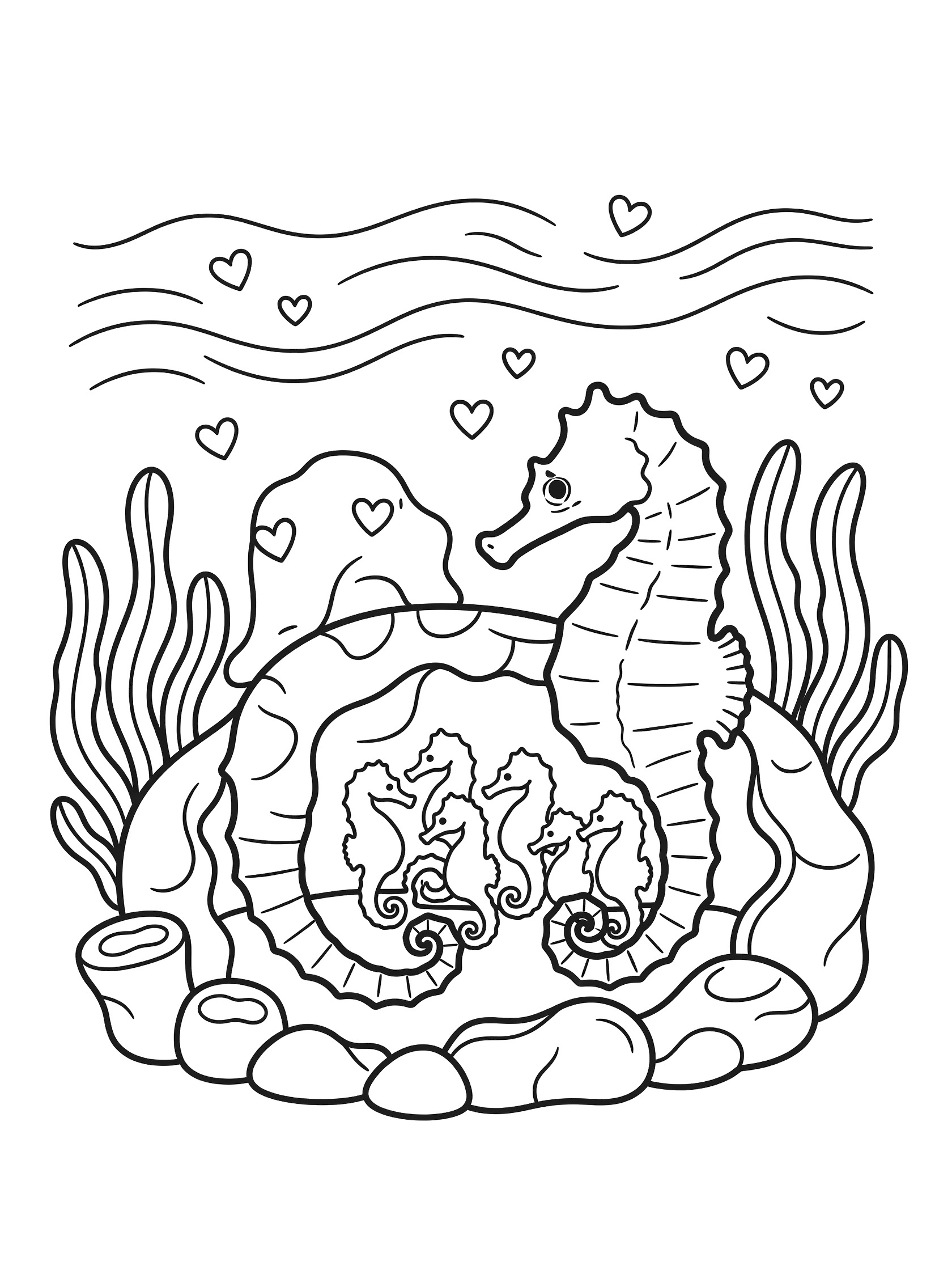 Black and white line art of a parent seahorse curling around four small baby seahorses near seaweed and rocks with waves and hearts above on white background.