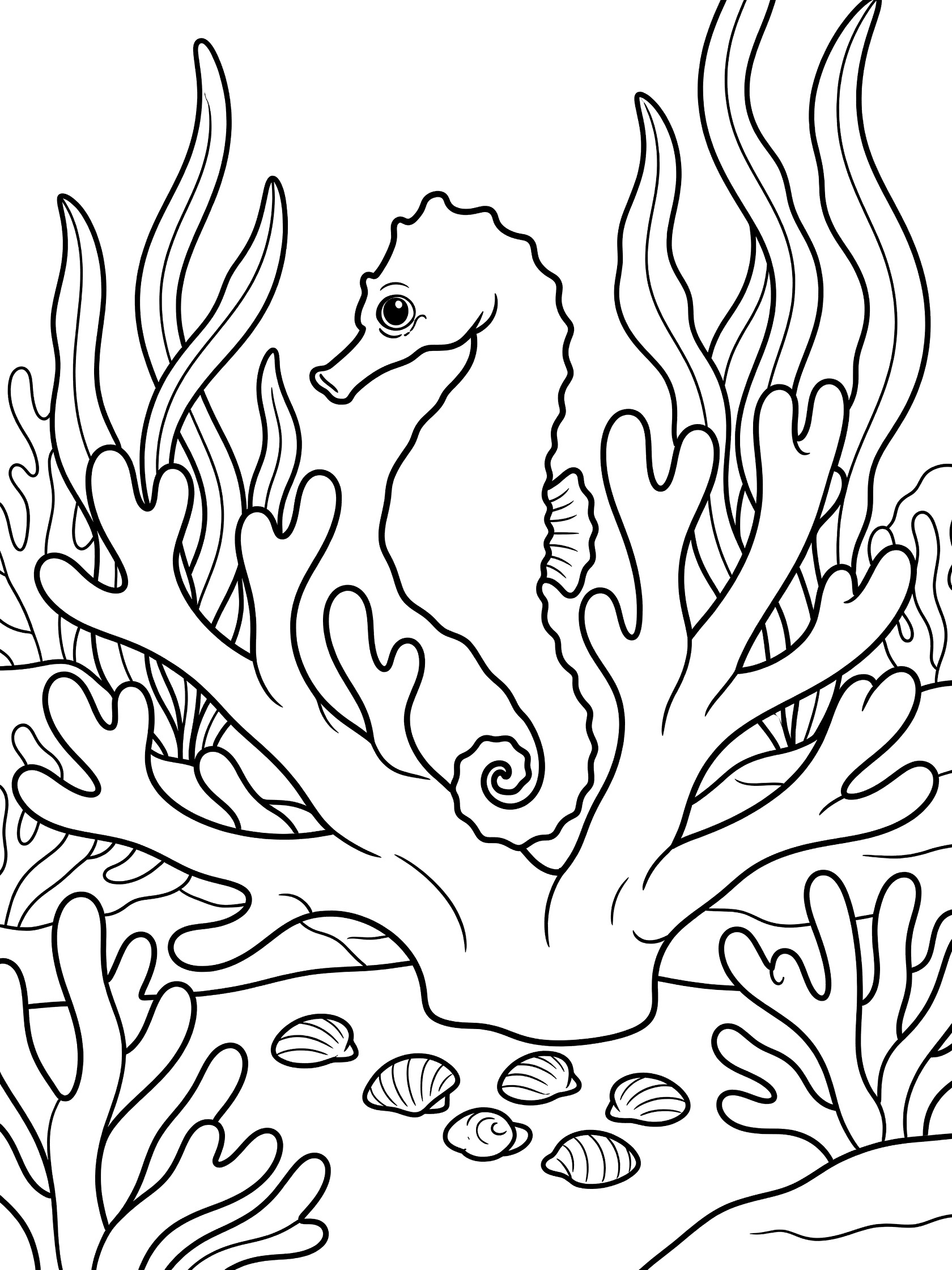 Black and white line art coloring page showing a seahorse curled on branching coral, surrounded by tall seaweed and small shells on the seafloor.
