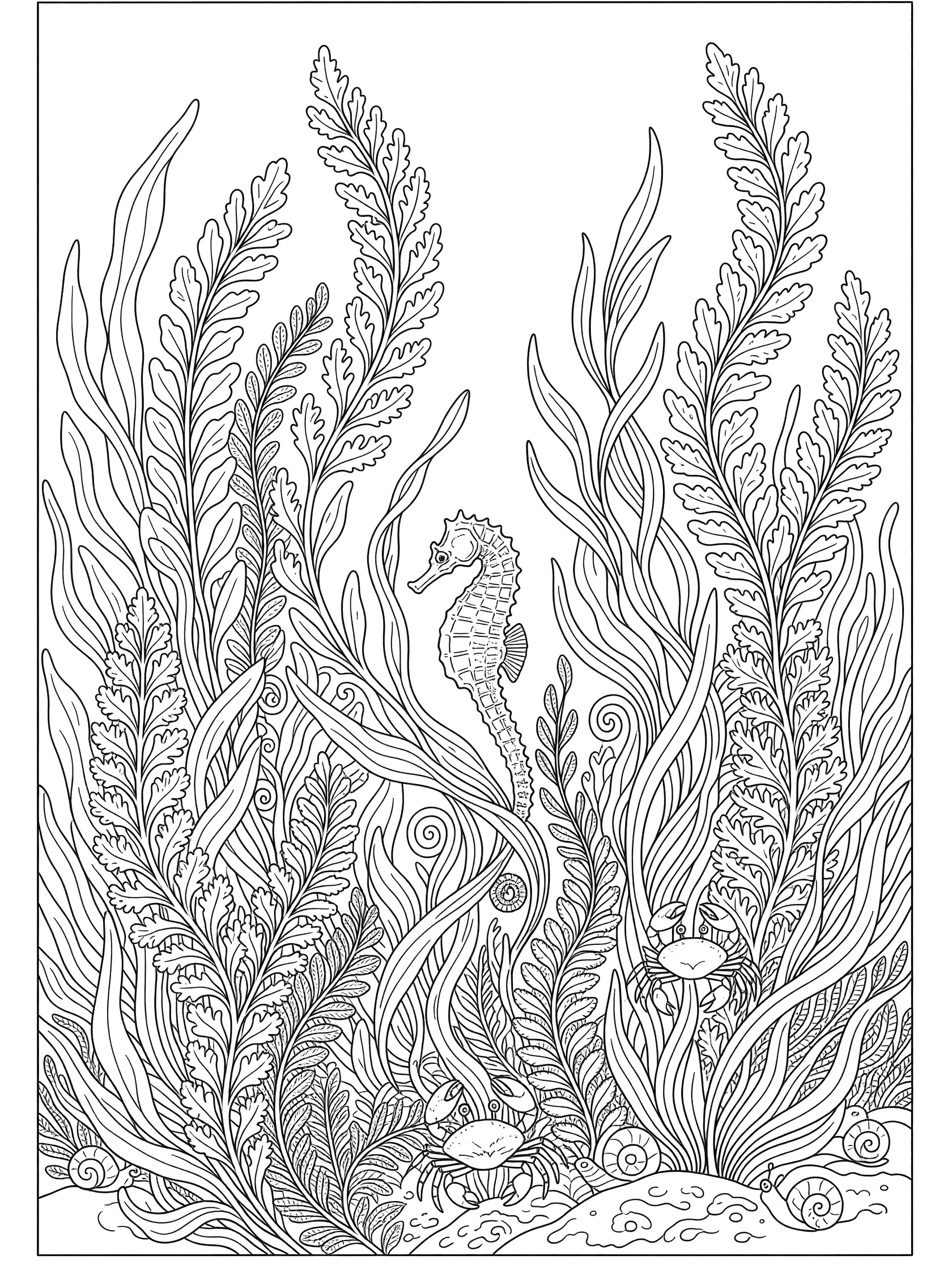 Black and white line art coloring page showing a seahorse curving through flowing seaweed with small crabs and snails hiding in the plants.