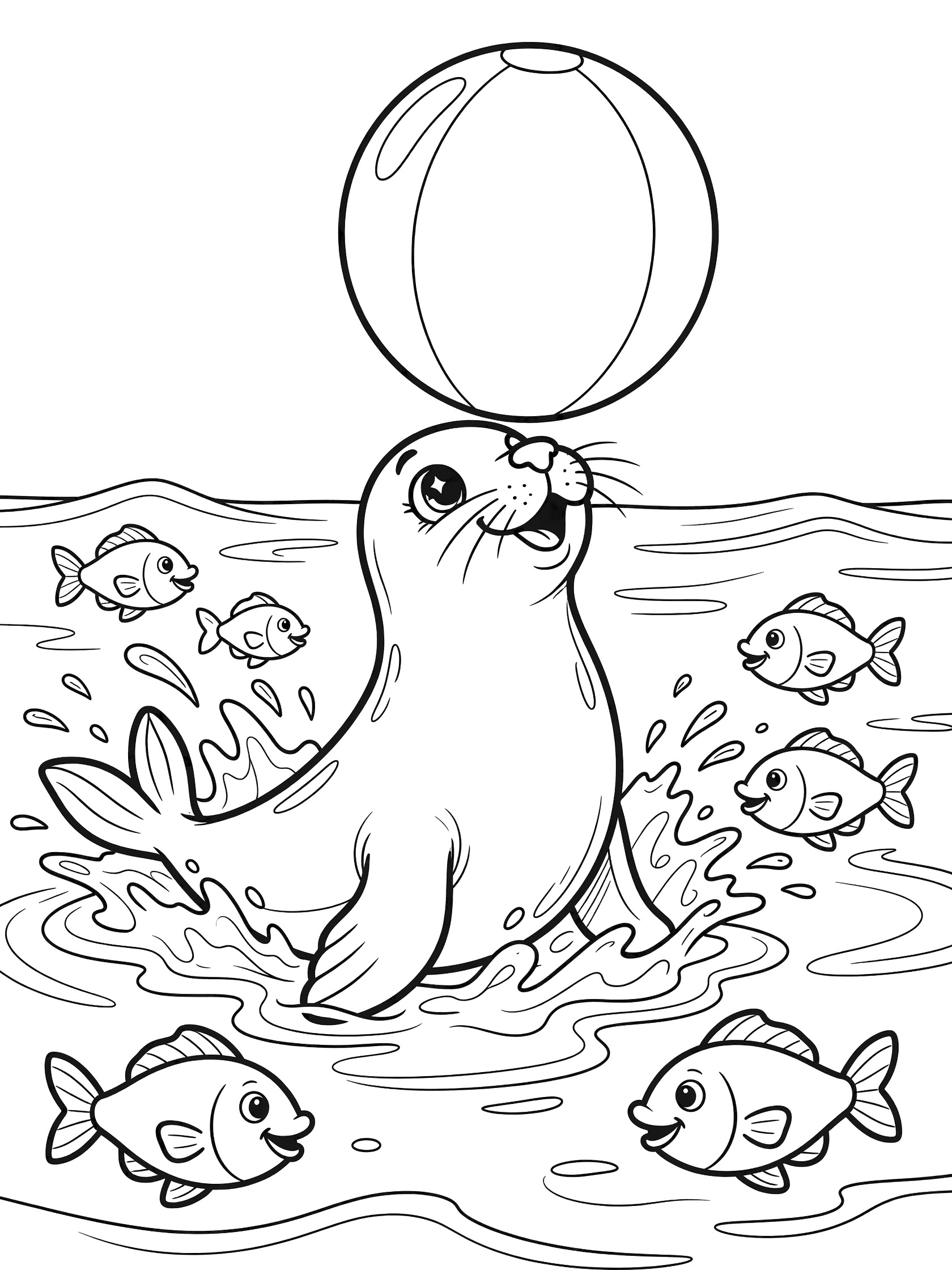 Black and white line art coloring page showing a cute seal balancing a large beach ball on its nose while floating in water with splashing waves and friendly fish around. Sea Lion themed black and white printable line art