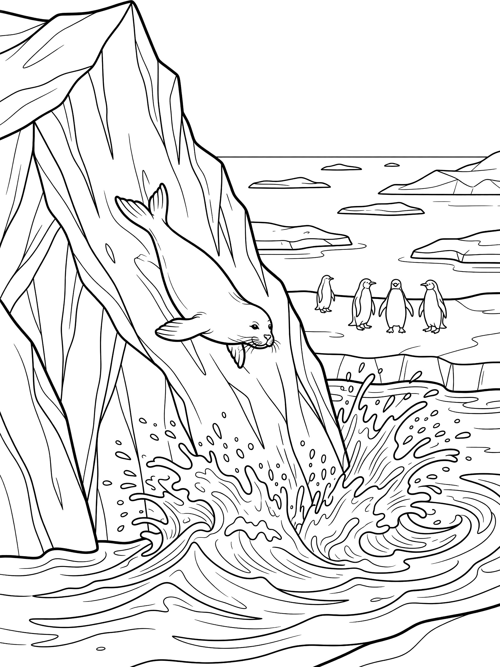 Black and white line art coloring page showing a seal leaping from a jagged iceberg with water splashes below and a group of penguins standing nearby on ice.