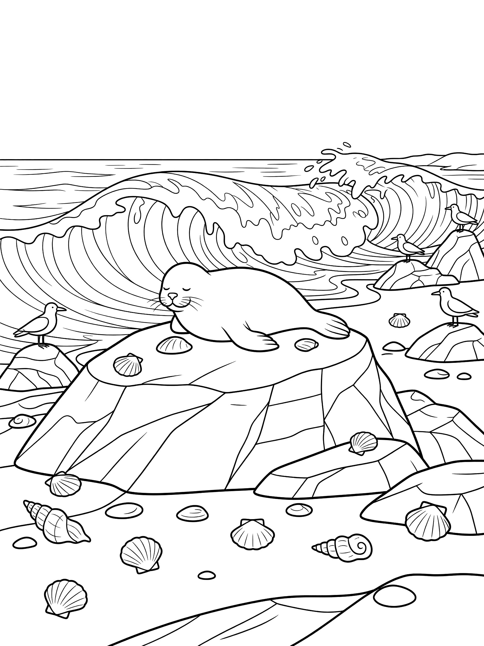 Black and white line art coloring page showing a happy seal on a large rock near ocean waves, with seabirds on rocks, scattered seashells, and clean white background.