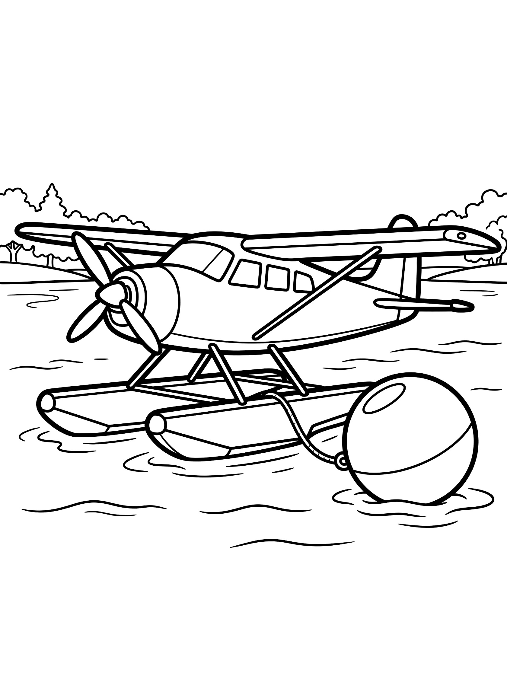 Black and white line art of a seaplane with pontoons resting on water, tied to a large buoy by rope, with waves and shoreline trees in the background