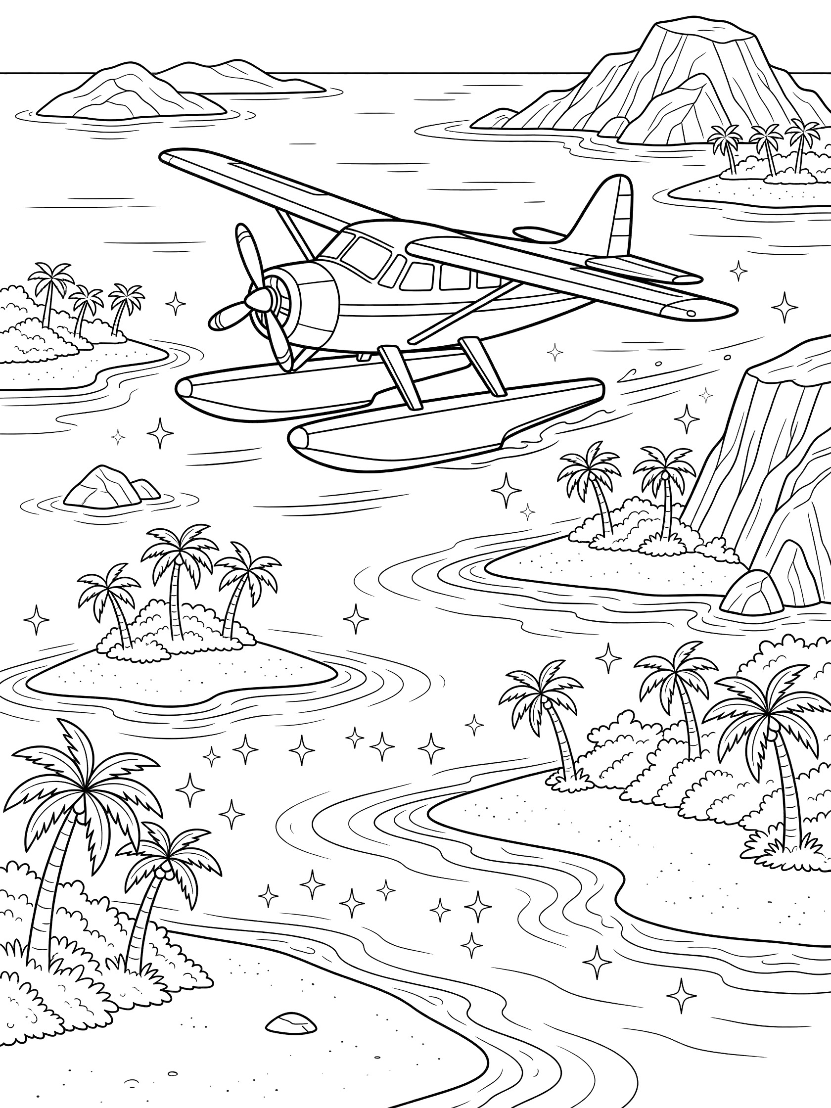 Line art coloring page showing a seaplane flying over lush tropical islands with palm trees, rocky cliffs, sandy beaches, and sparkling ocean waves